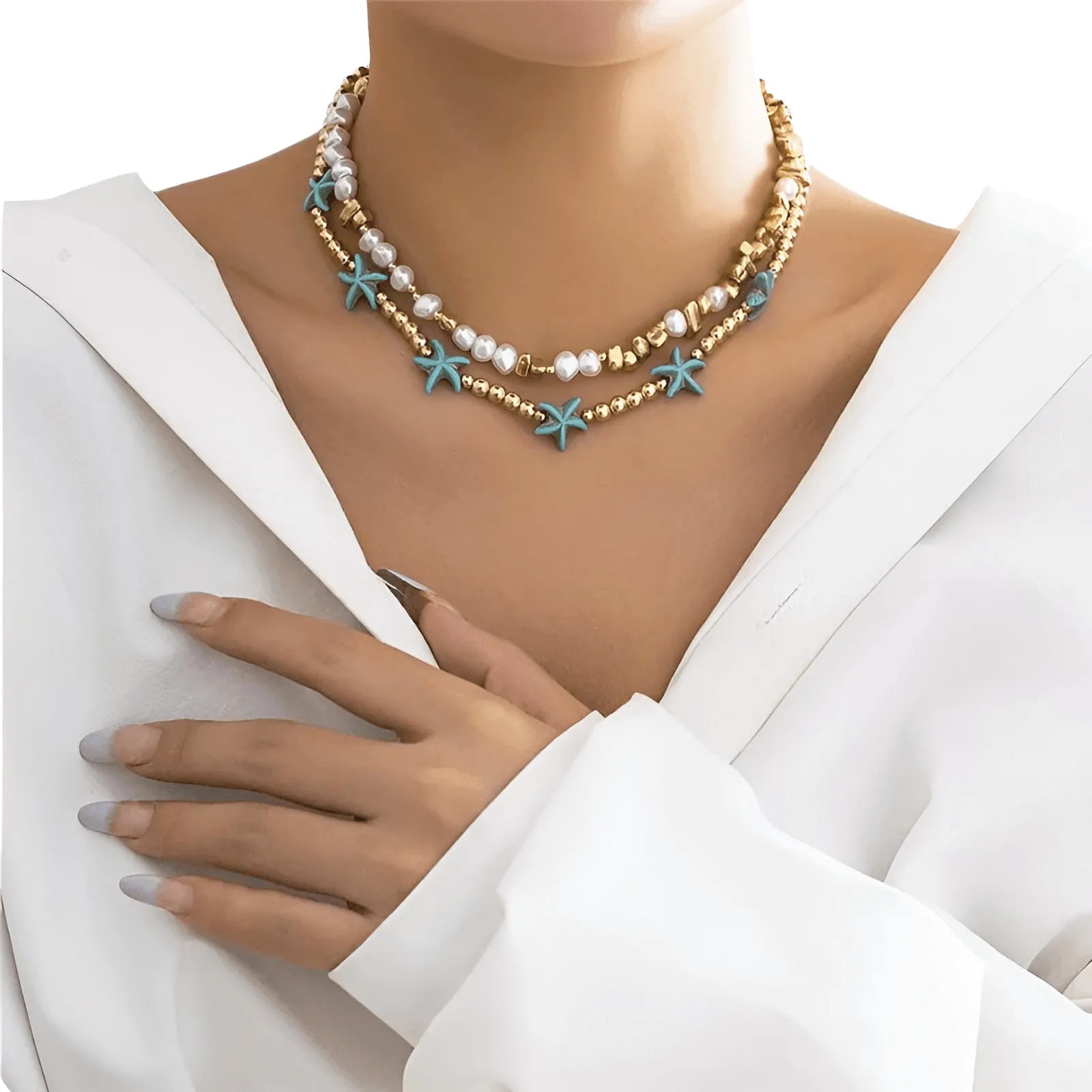 2Pcs/Set Boho Ocean Blue Starfish Pearl Necklace for Women