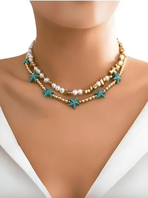 2Pcs/Set Boho Ocean Blue Starfish Pearl Necklace for Women