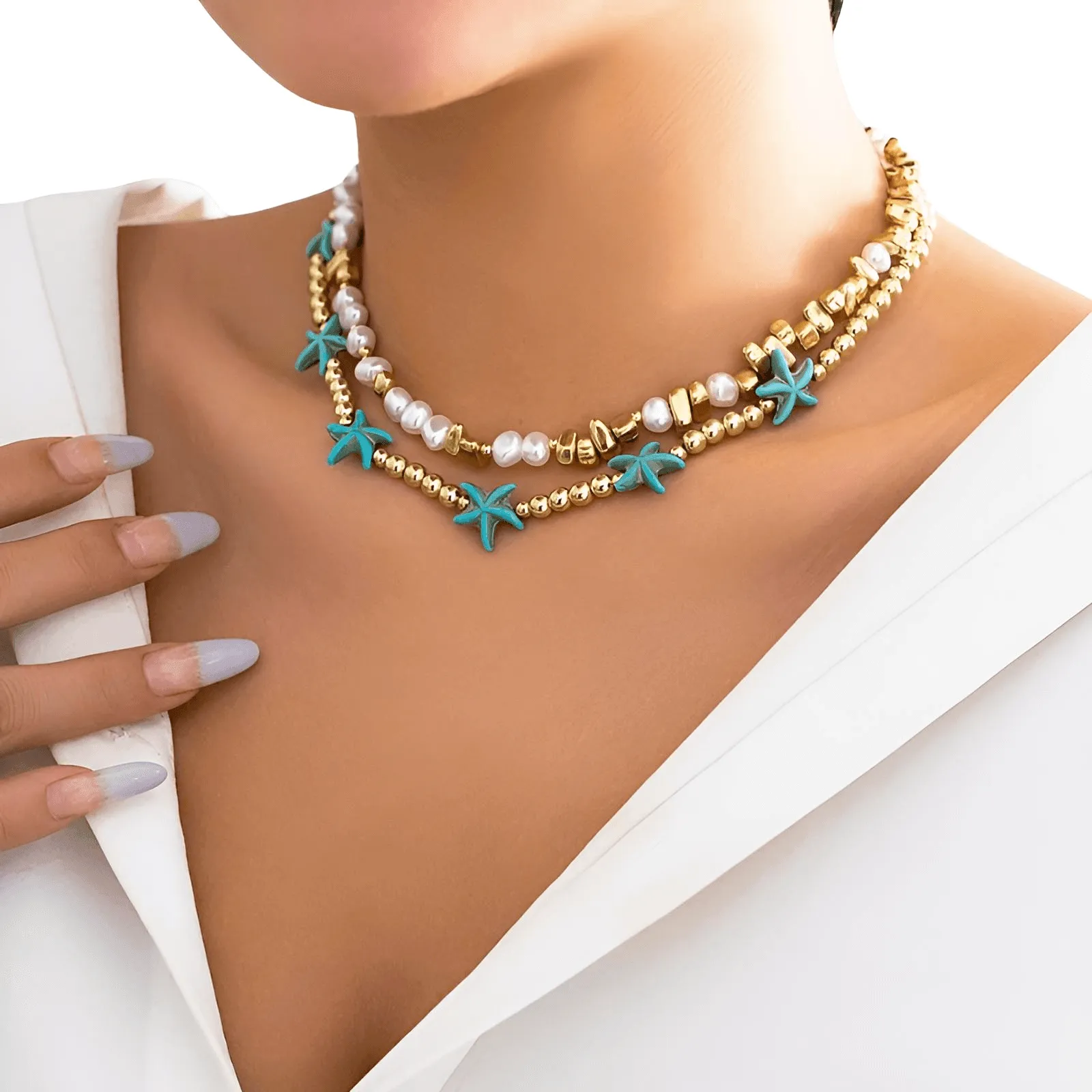 2Pcs/Set Boho Ocean Blue Starfish Pearl Necklace for Women