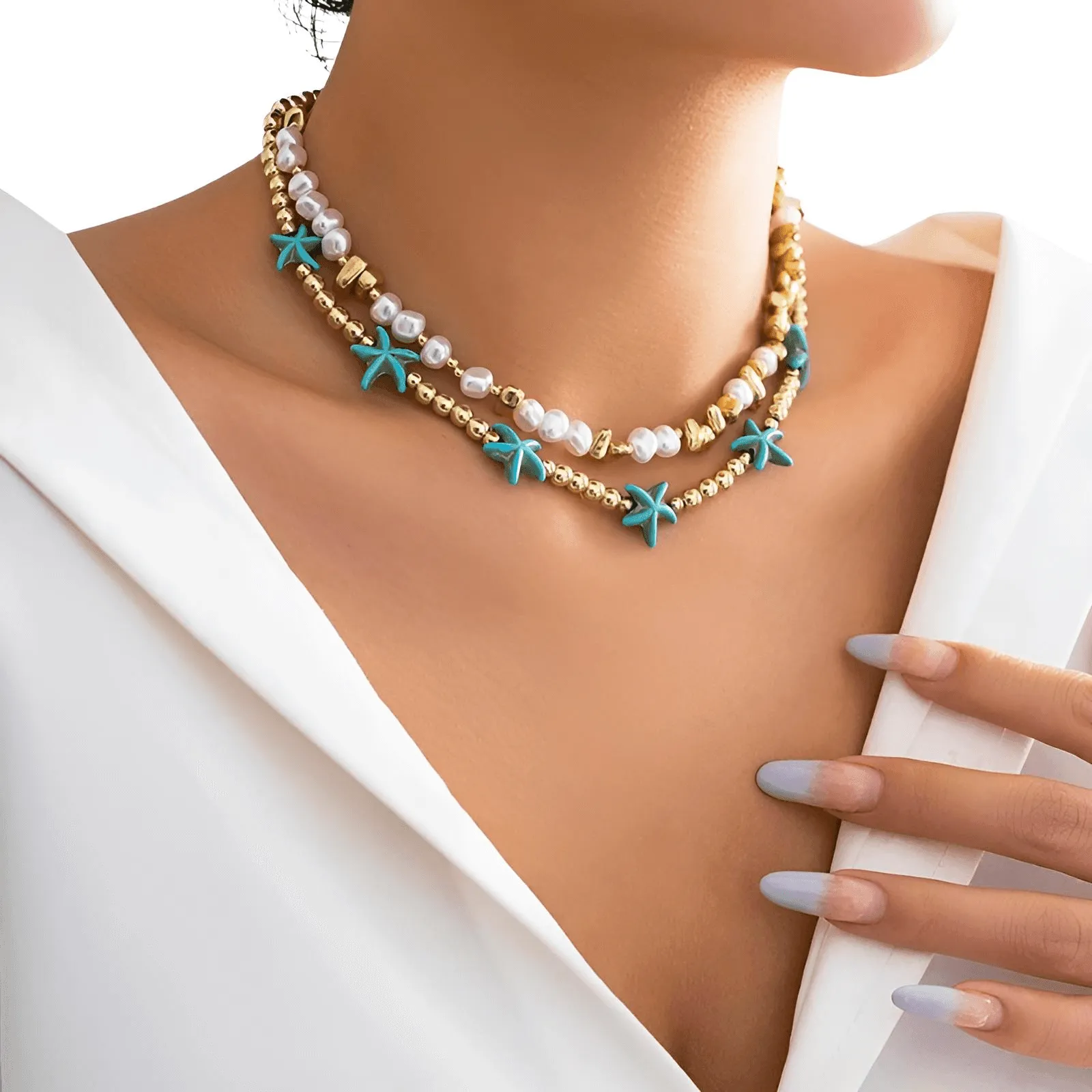 2Pcs/Set Boho Ocean Blue Starfish Pearl Necklace for Women