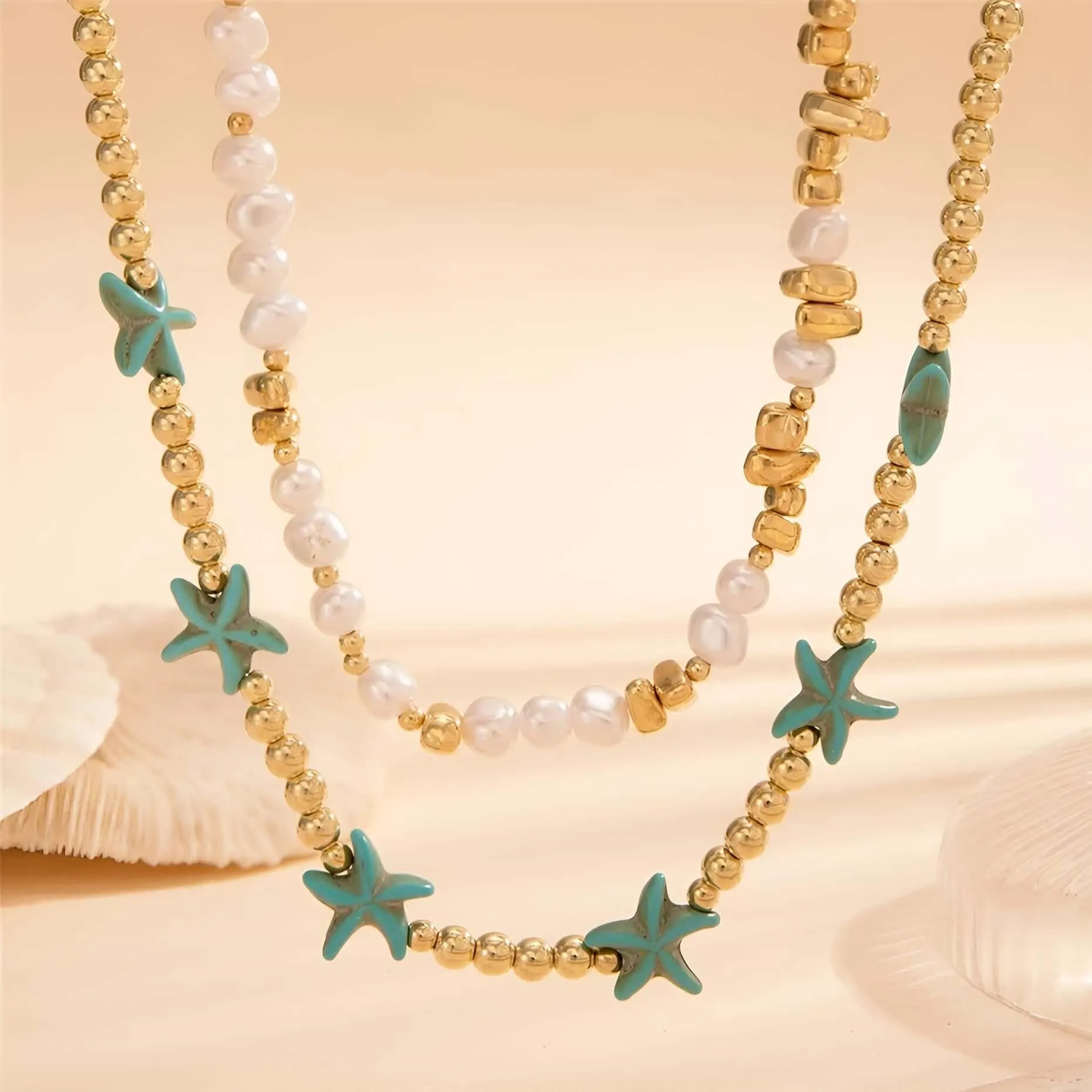 2Pcs/Set Boho Ocean Blue Starfish Pearl Necklace for Women