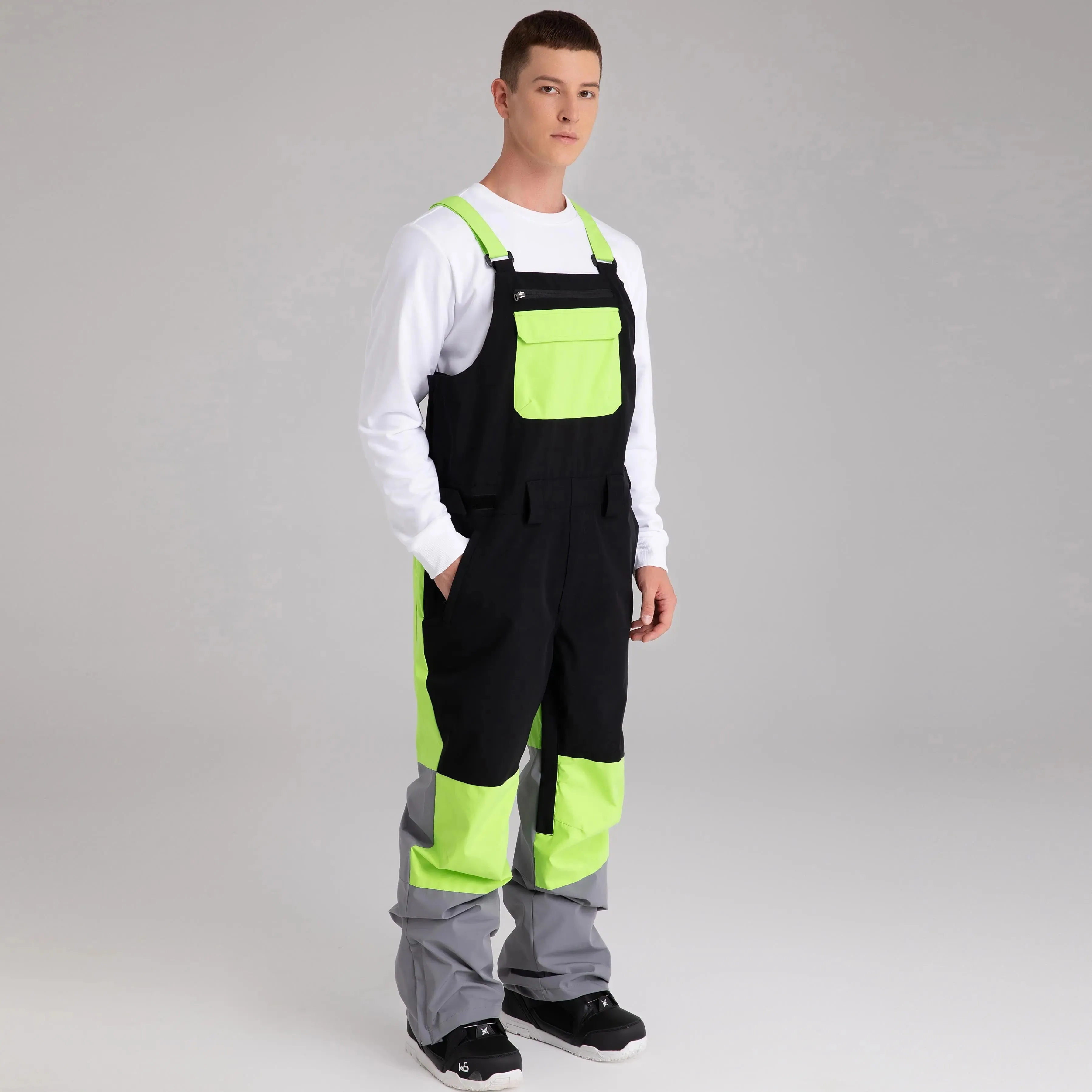 Adult Color Block Ski Overalls Bib Pants With Adjustable Strap