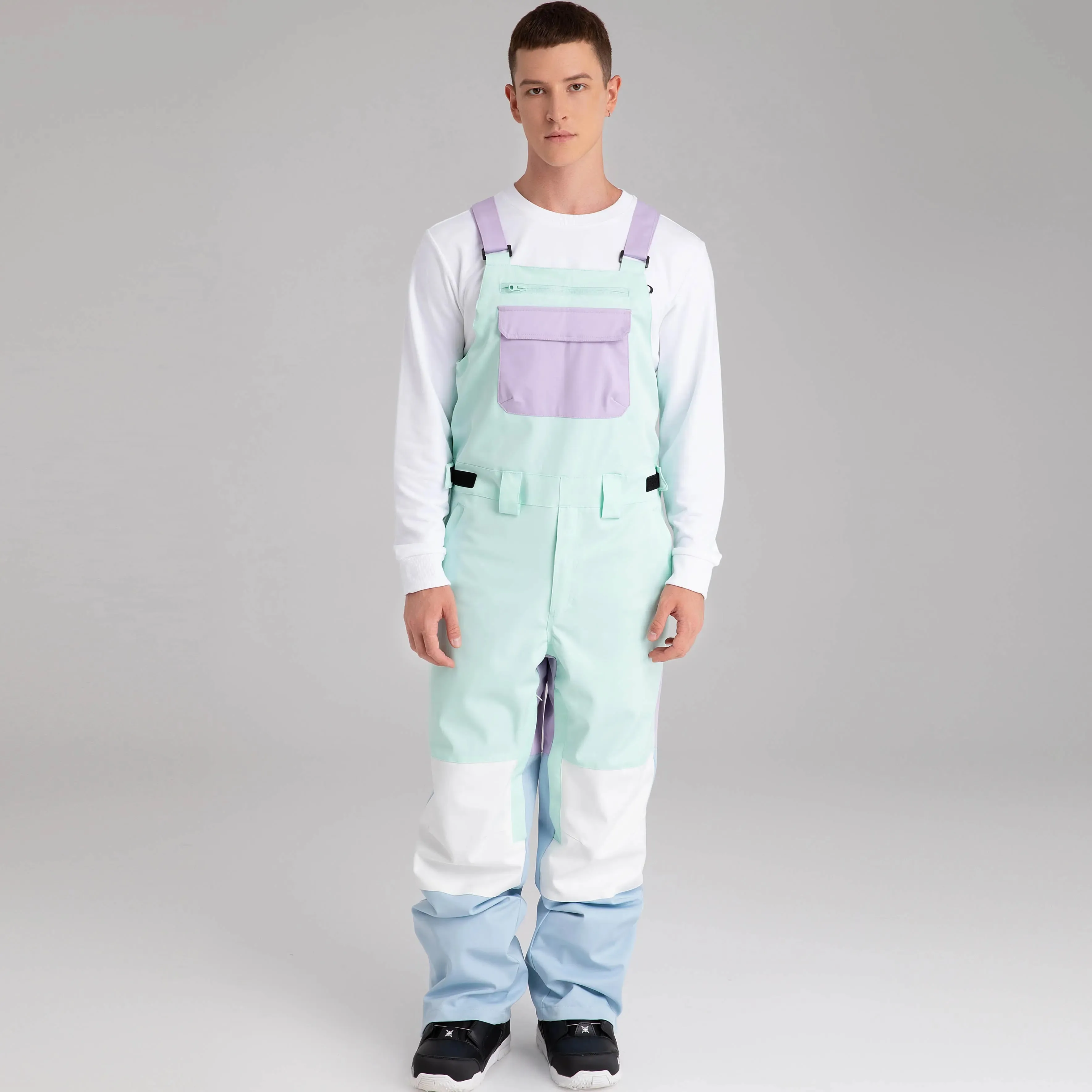 Adult Color Block Ski Overalls Bib Pants With Adjustable Strap