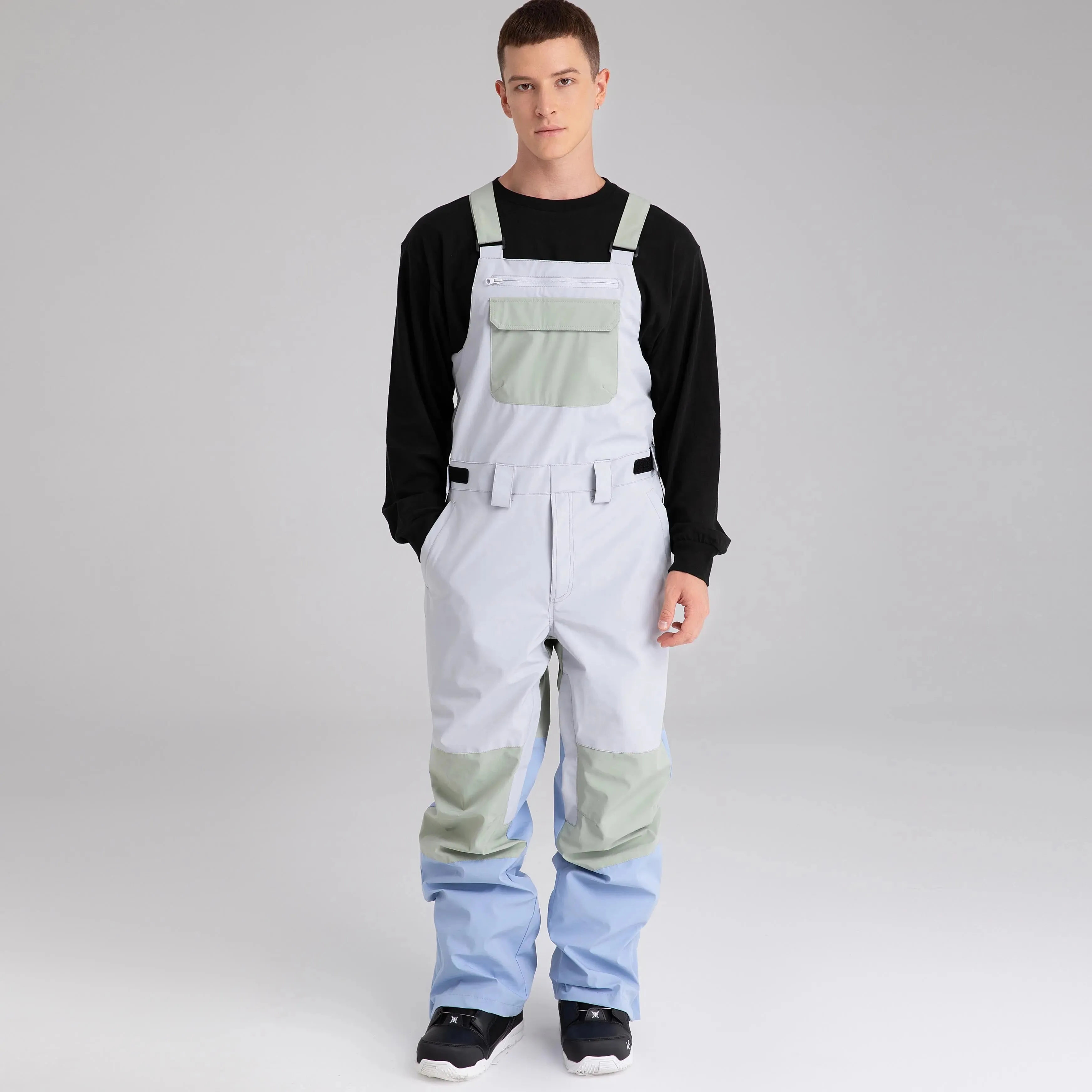Adult Color Block Ski Overalls Bib Pants With Adjustable Strap