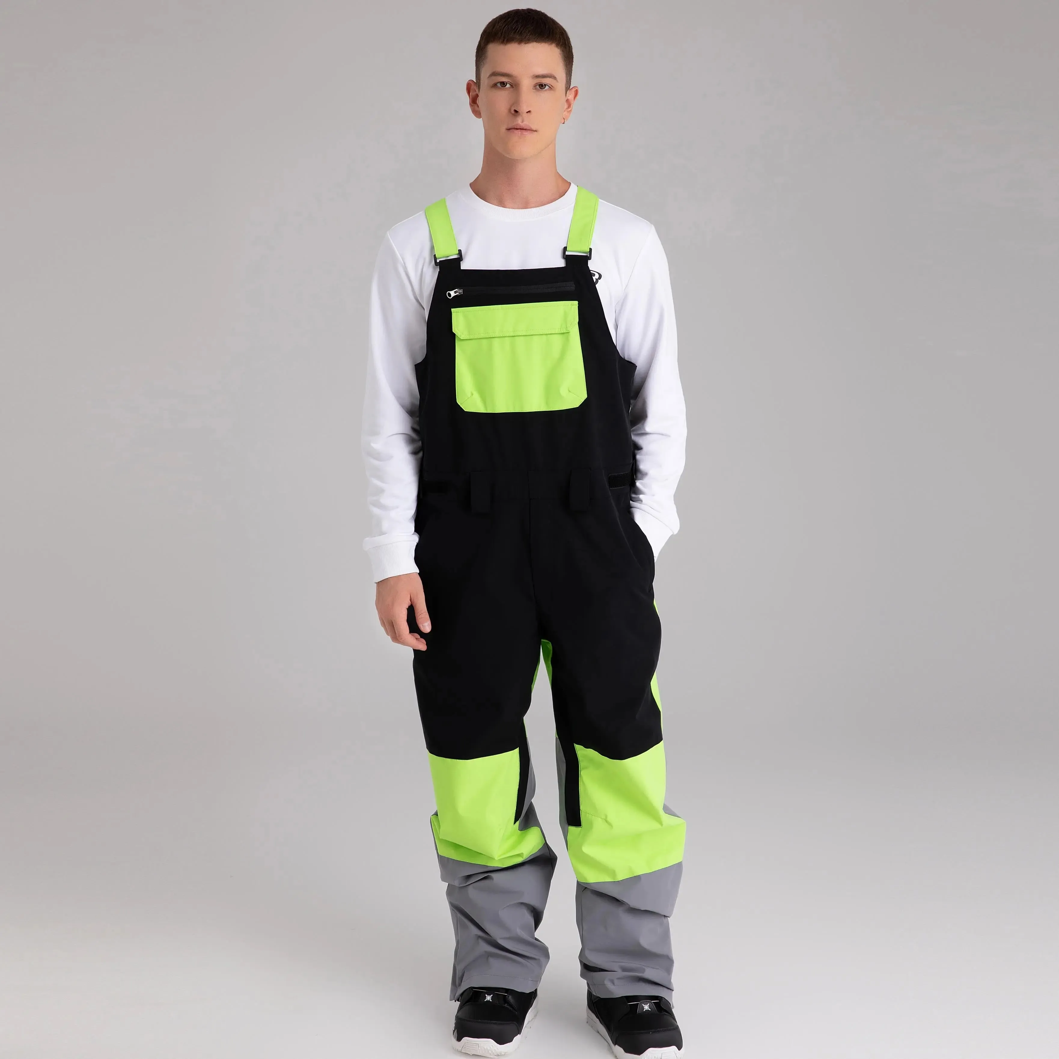 Adult Color Block Ski Overalls Bib Pants With Adjustable Strap