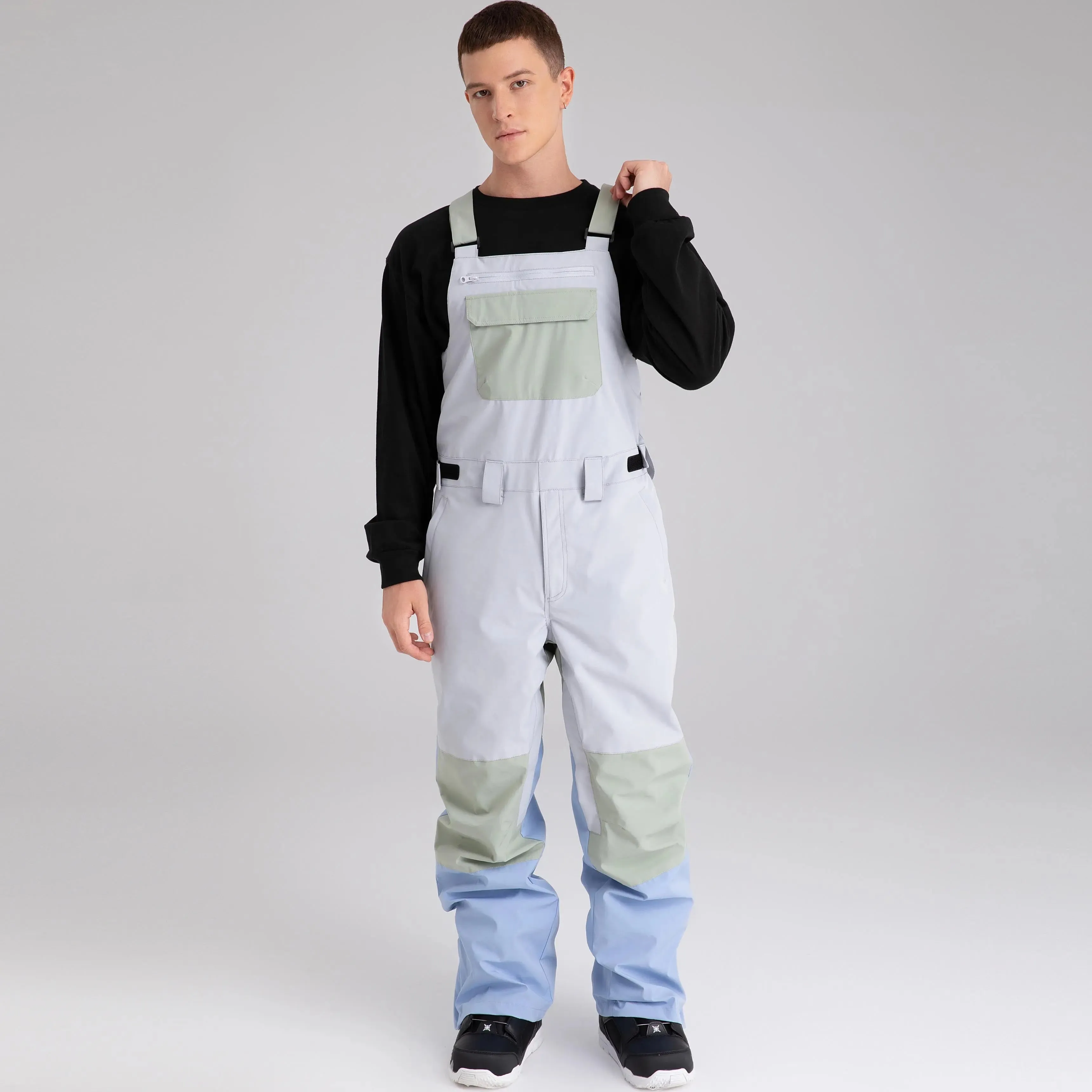 Adult Color Block Ski Overalls Bib Pants With Adjustable Strap