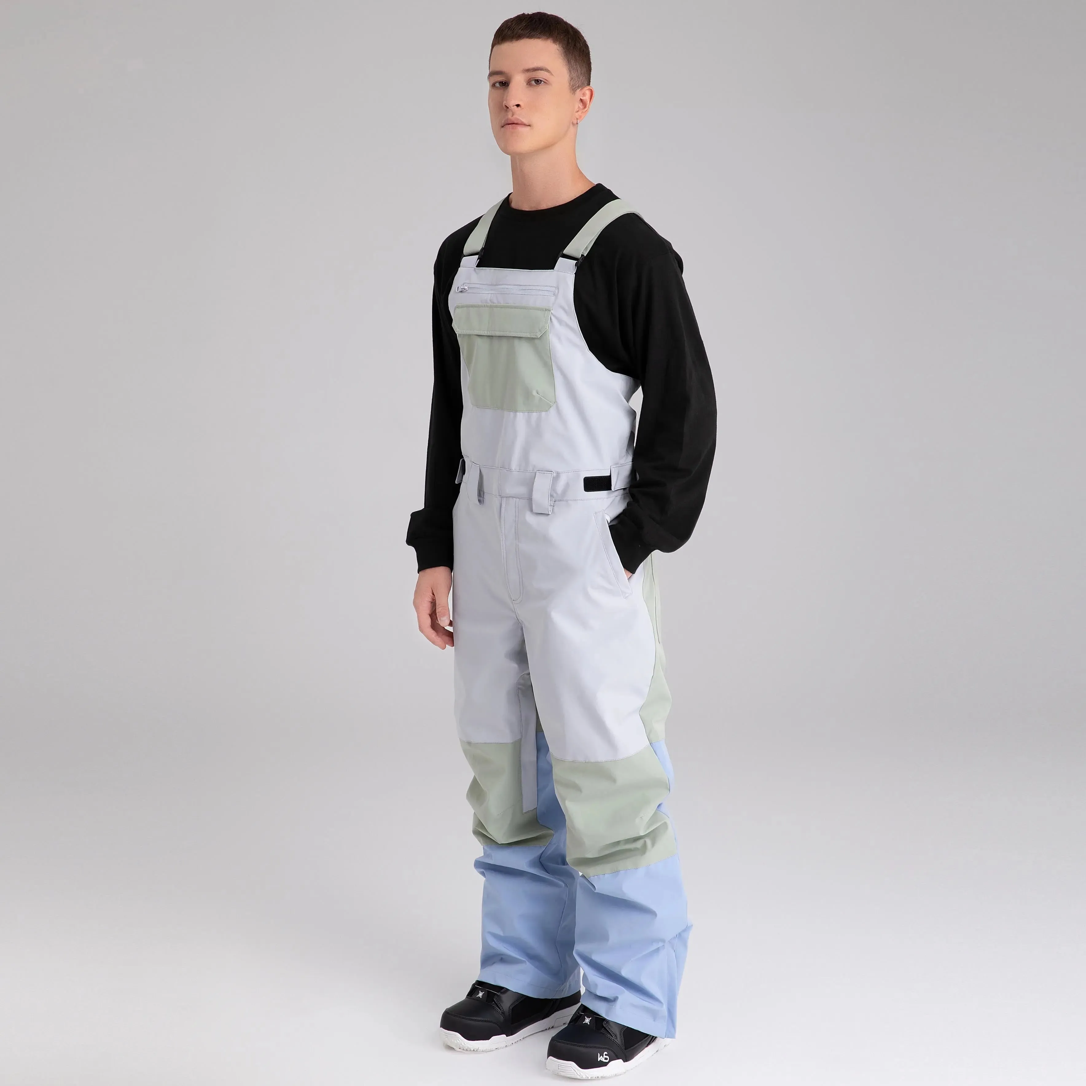 Adult Color Block Ski Overalls Bib Pants With Adjustable Strap