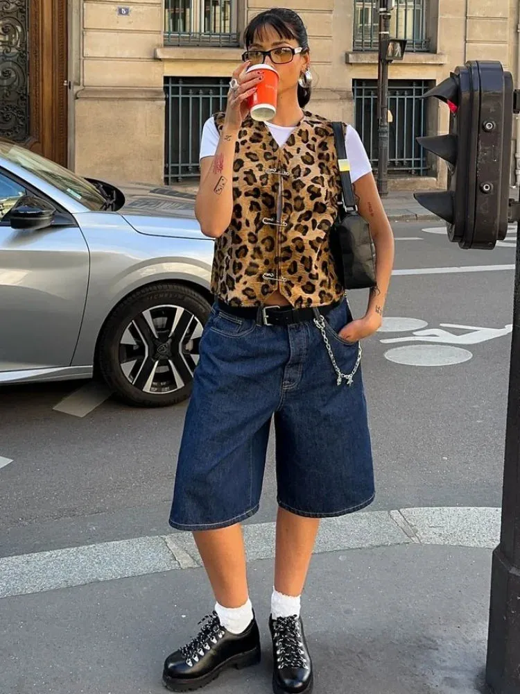 Advbridge 2024 Leopard Print Sleeveless Street Women's Vest Fashion V-neck Slim Fit Short Waistcoat Casual Lady Autumn Commute Outerwears