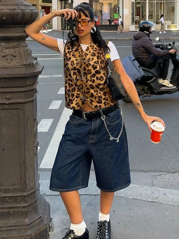 Advbridge 2024 Leopard Print Sleeveless Street Women's Vest Fashion V-neck Slim Fit Short Waistcoat Casual Lady Autumn Commute Outerwears