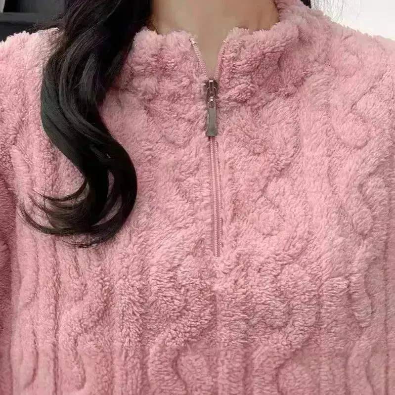 Autumn And Winter New Twist Zipper Couple Fleece-lined Thick Coral Fleece Pajamas Homewear Loungewear Sleepwear For Sleeping