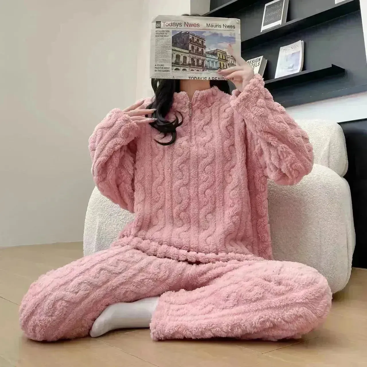 Autumn And Winter New Twist Zipper Couple Fleece-lined Thick Coral Fleece Pajamas Homewear Loungewear Sleepwear For Sleeping