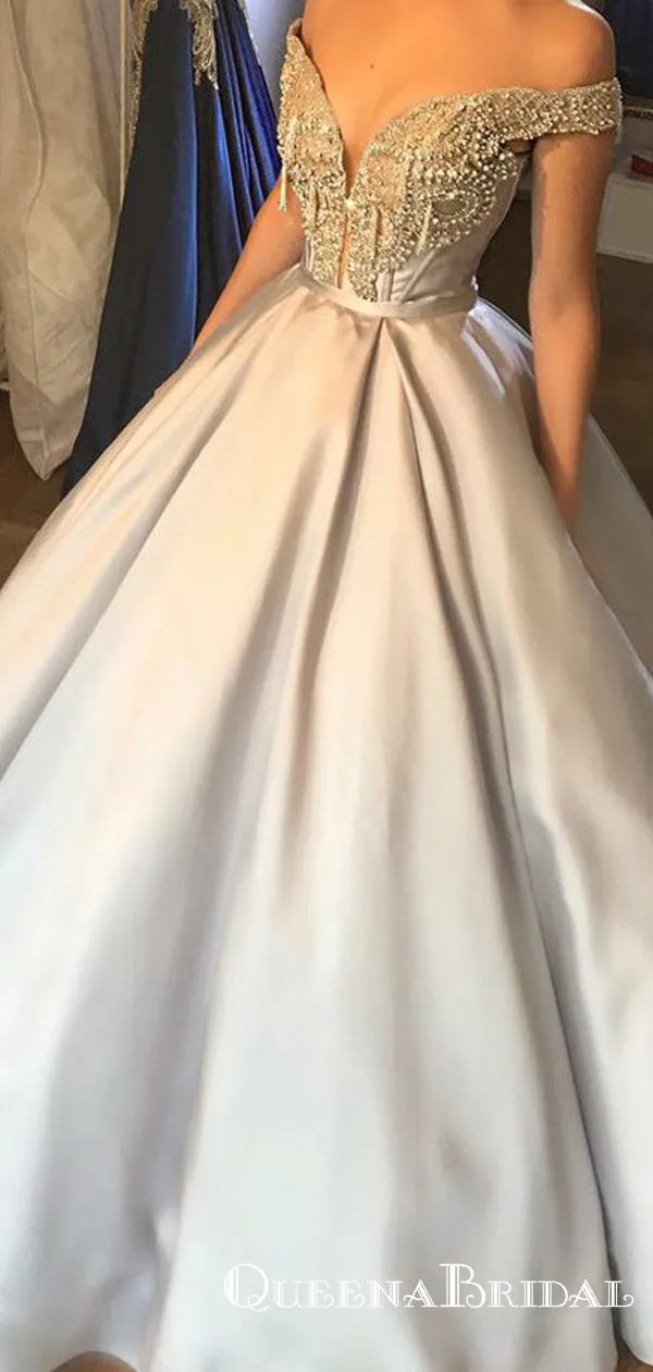 Ball Gown Off-the-Shoulder Light Grey Satin Prom Dresses with Beading, QB0537