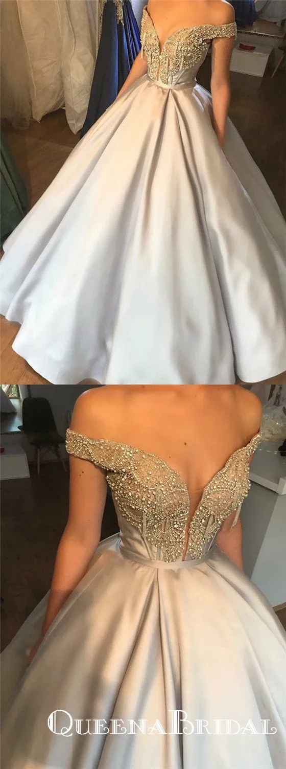 Ball Gown Off-the-Shoulder Light Grey Satin Prom Dresses with Beading, QB0537