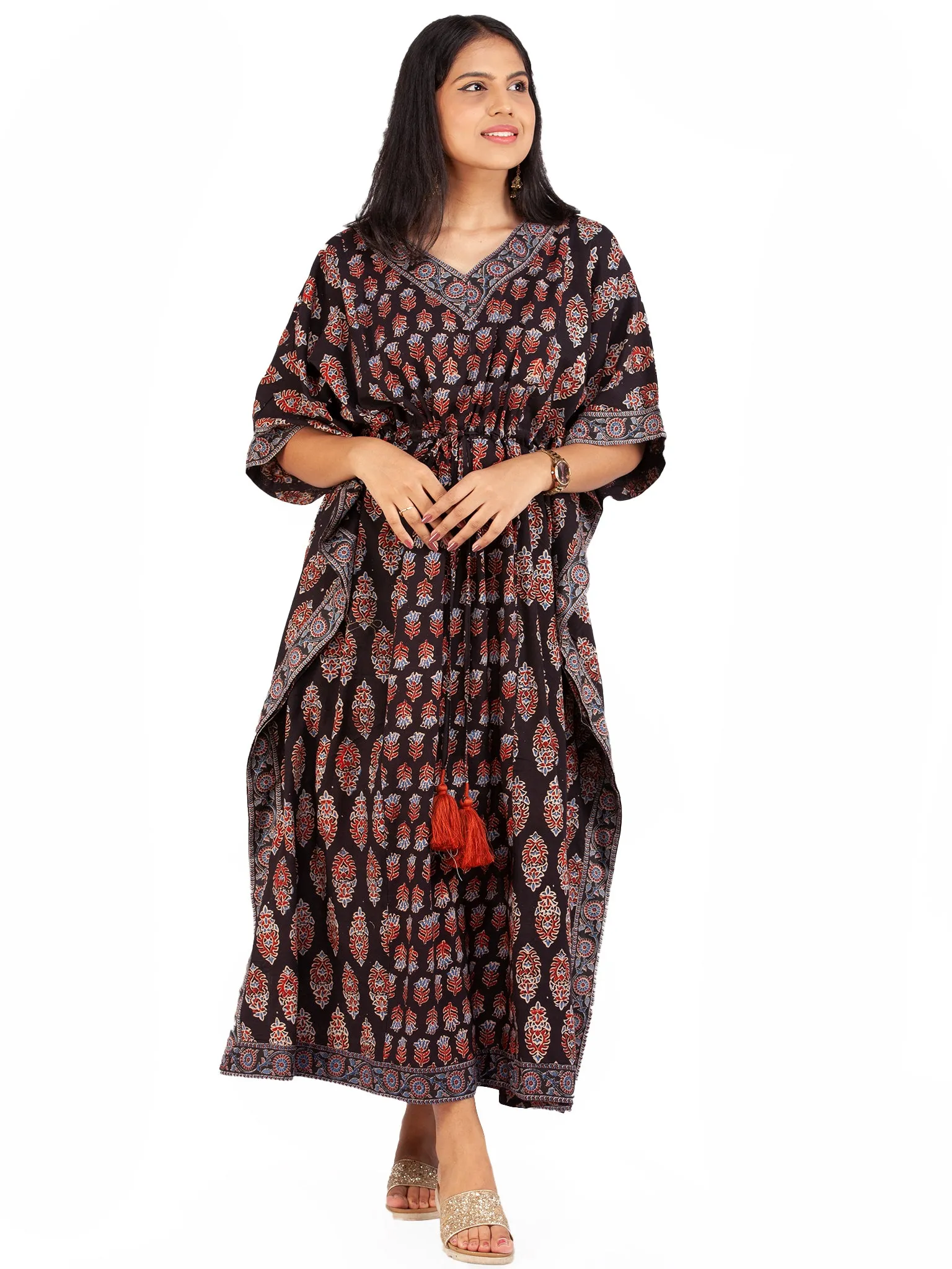 Black Marron Blue Ajrakh Hand Block Printed Kaftan - K149F1607