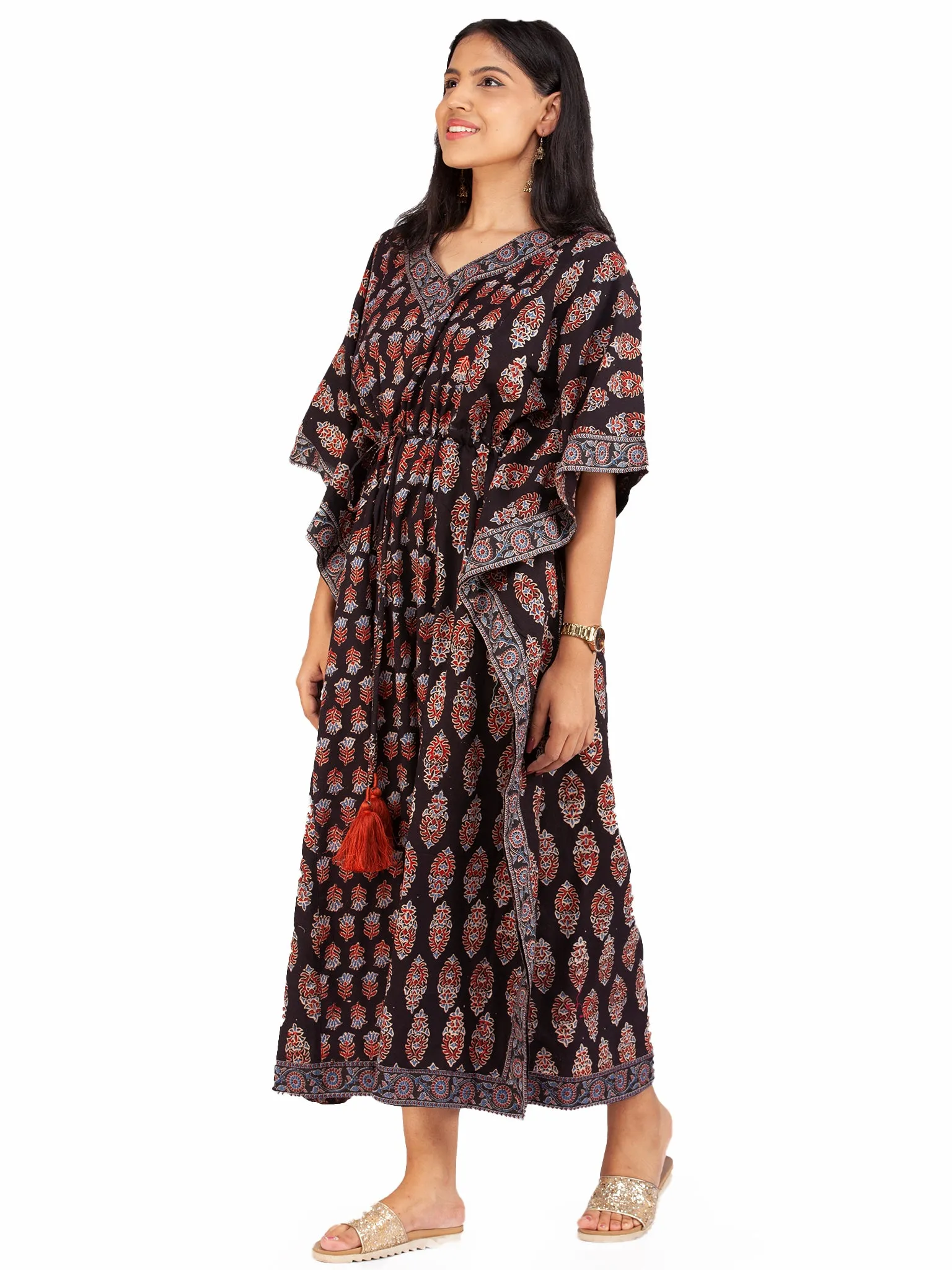 Black Marron Blue Ajrakh Hand Block Printed Kaftan - K149F1607