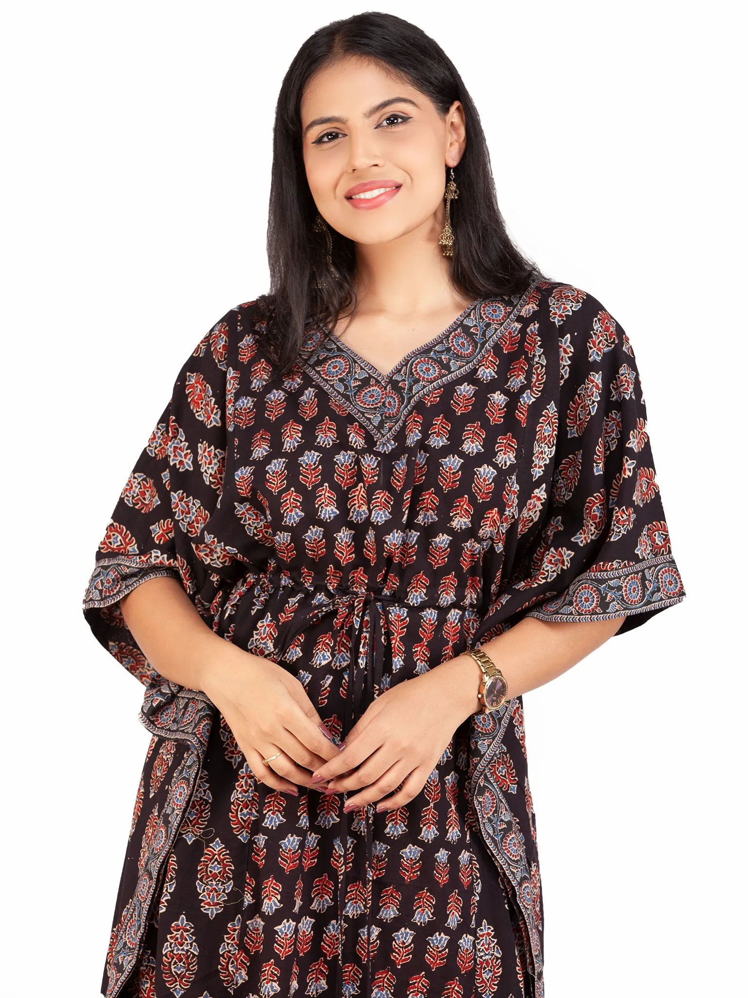 Black Marron Blue Ajrakh Hand Block Printed Kaftan - K149F1607