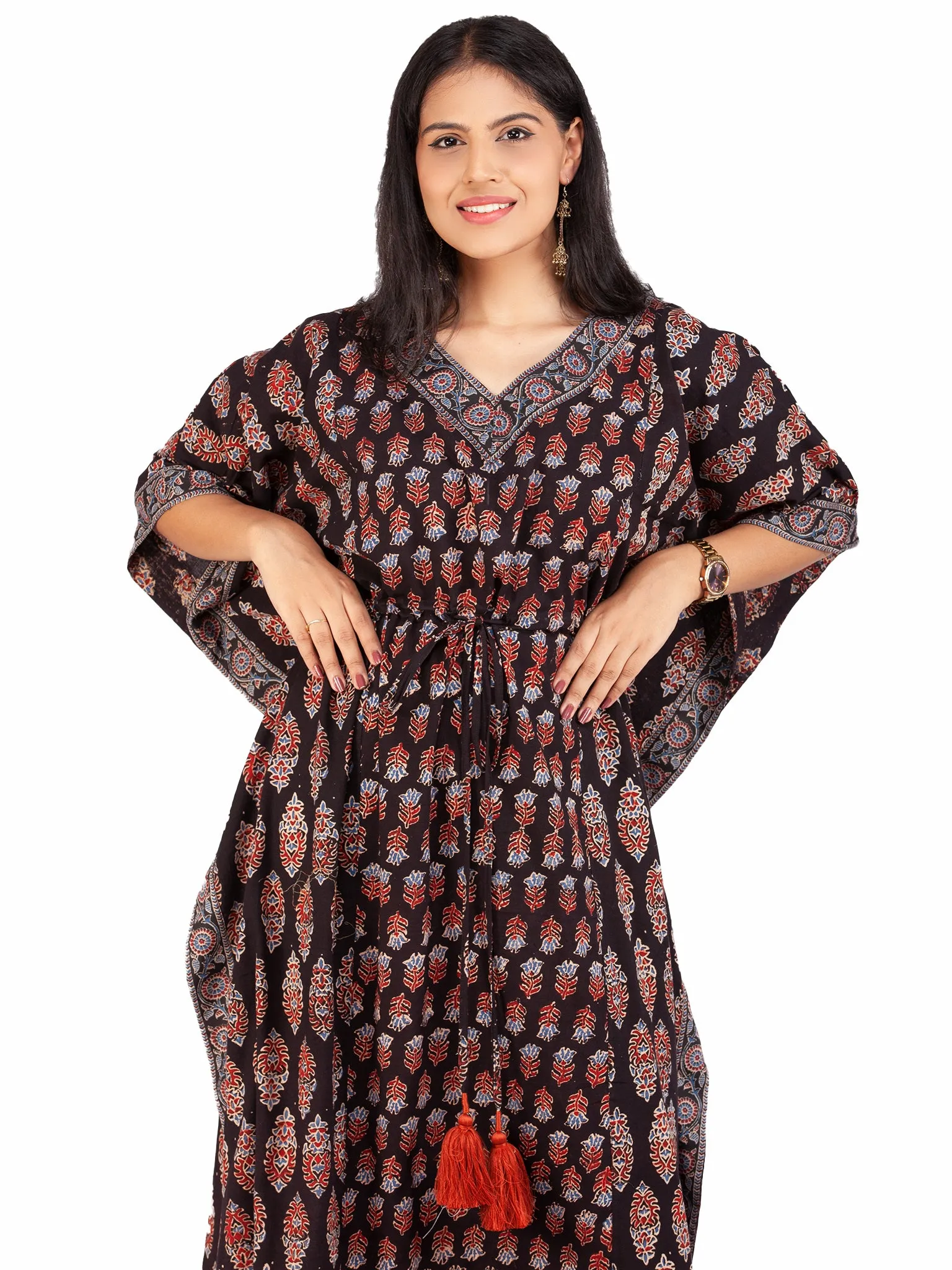 Black Marron Blue Ajrakh Hand Block Printed Kaftan - K149F1607