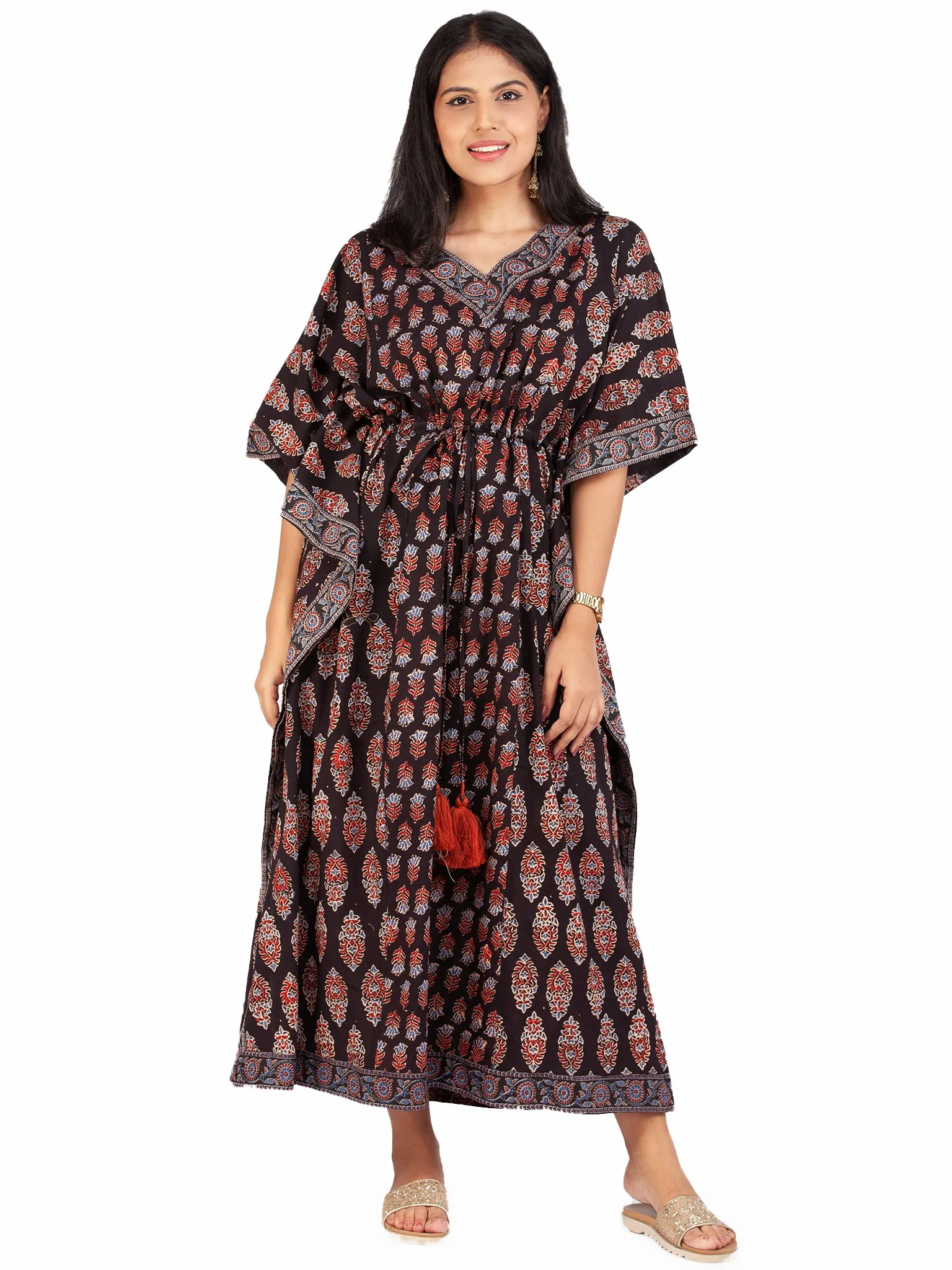 Black Marron Blue Ajrakh Hand Block Printed Kaftan - K149F1607