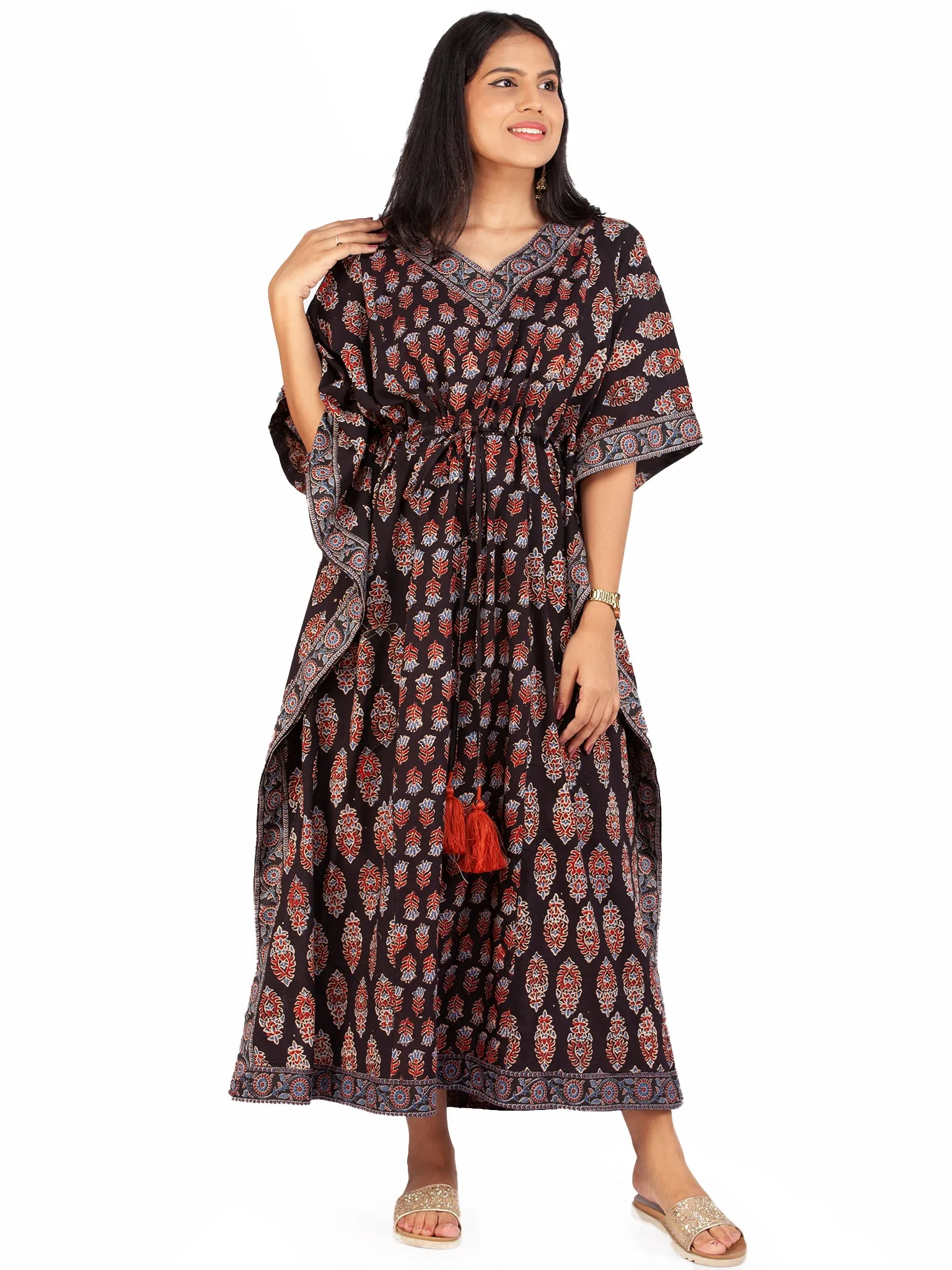 Black Marron Blue Ajrakh Hand Block Printed Kaftan - K149F1607