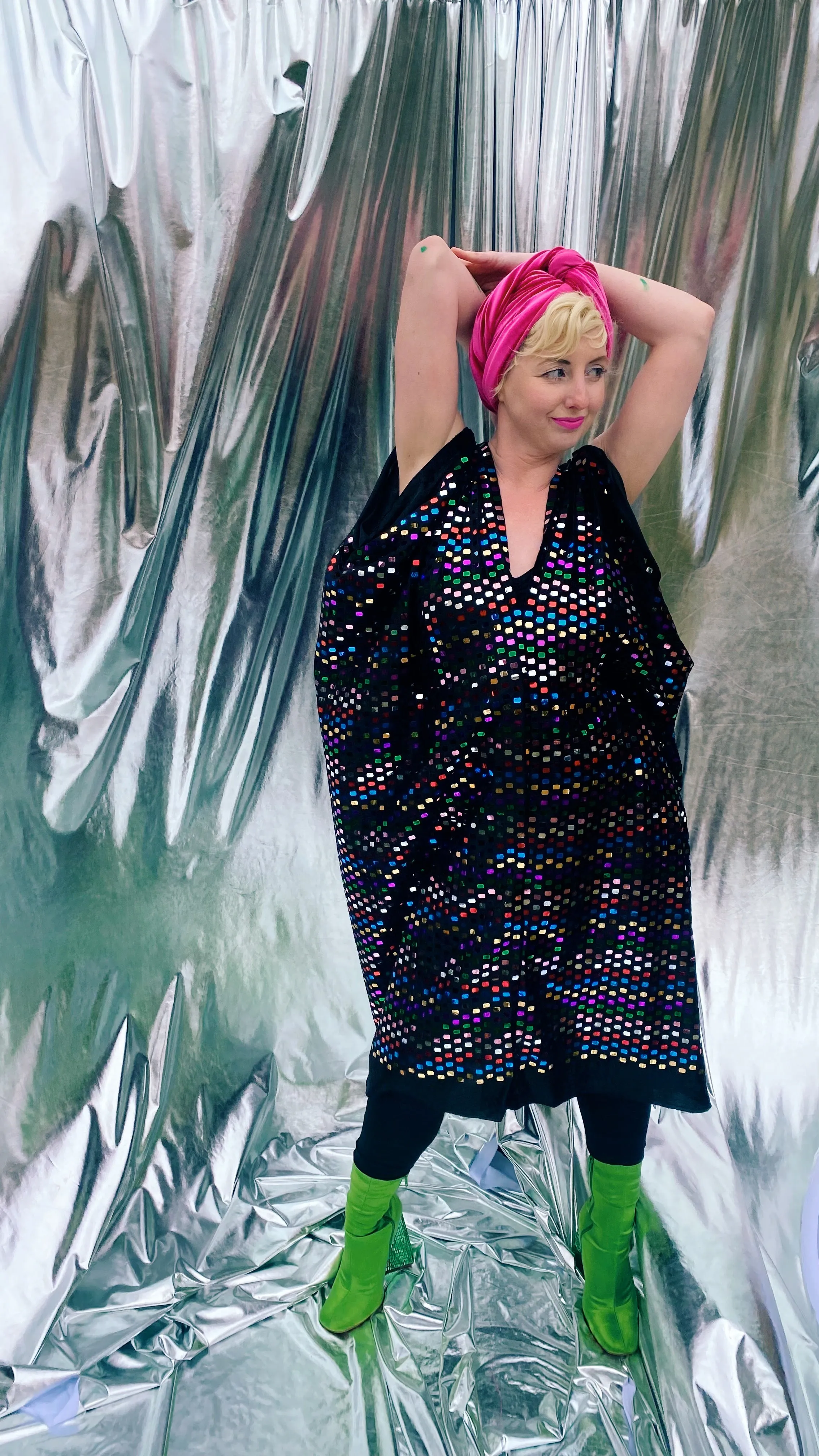 Black Sequin multicoloured mirror disc kaftan mini dress - Studio 54