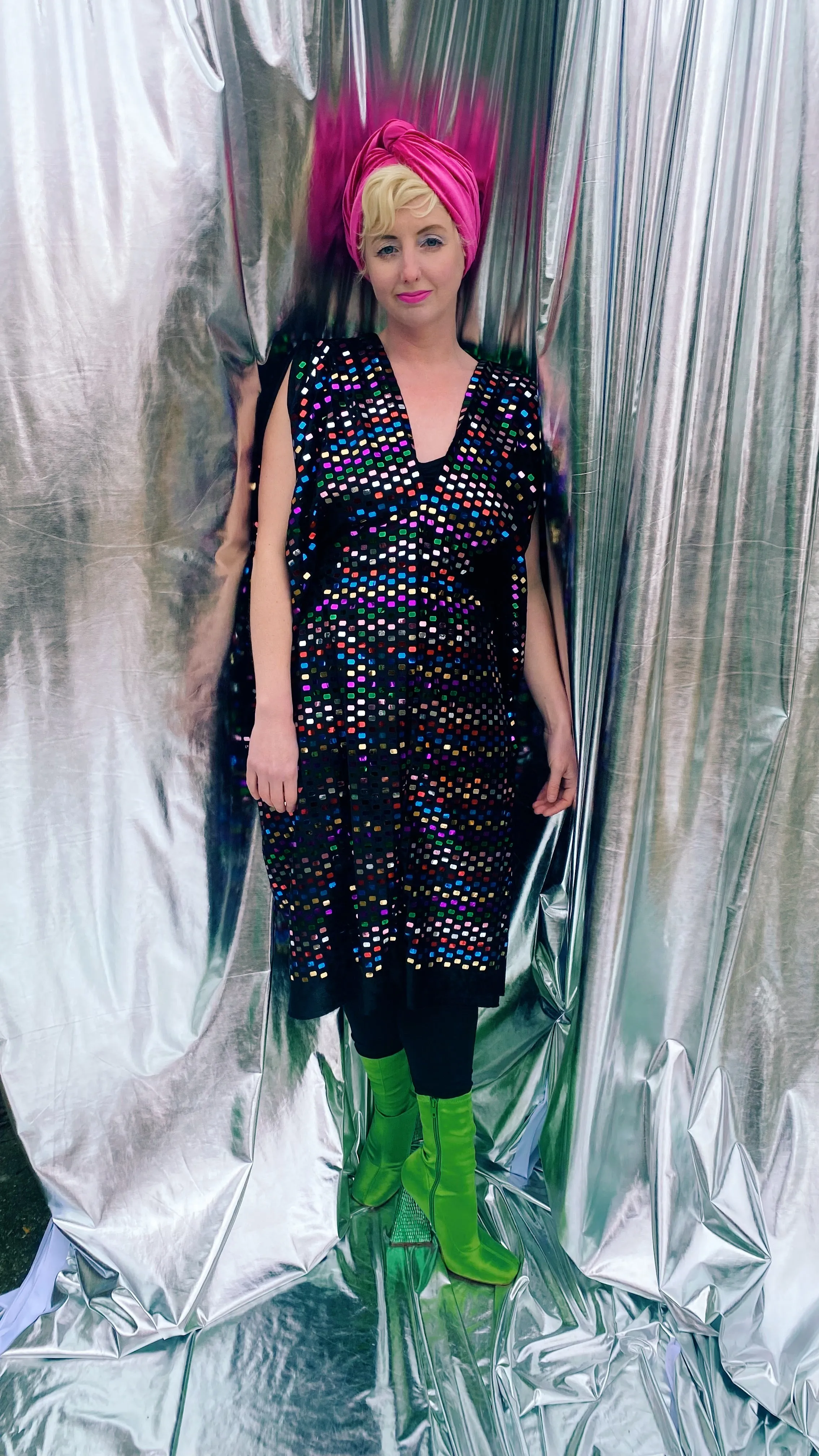 Black Sequin multicoloured mirror disc kaftan mini dress - Studio 54