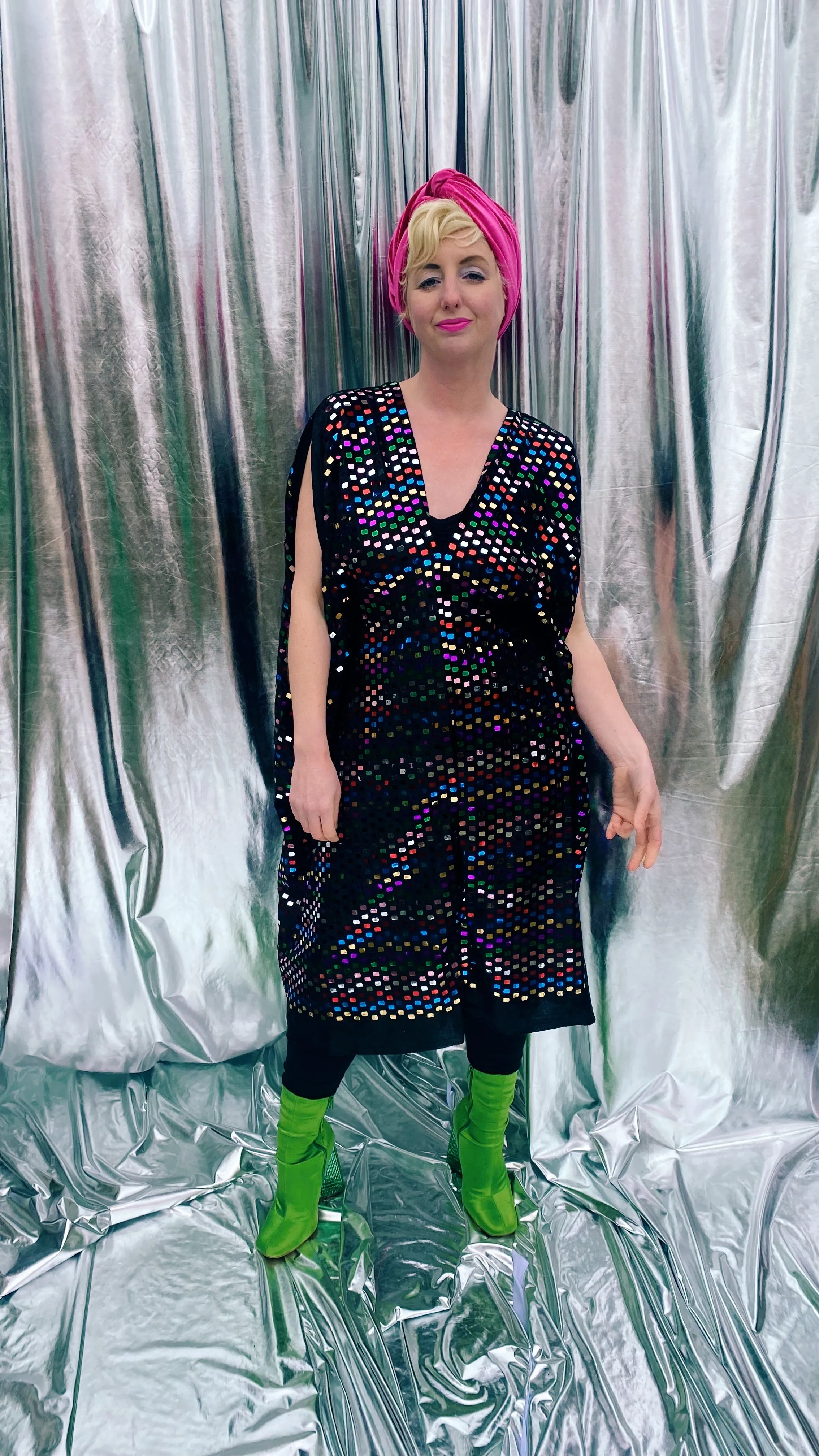 Black Sequin multicoloured mirror disc kaftan mini dress - Studio 54