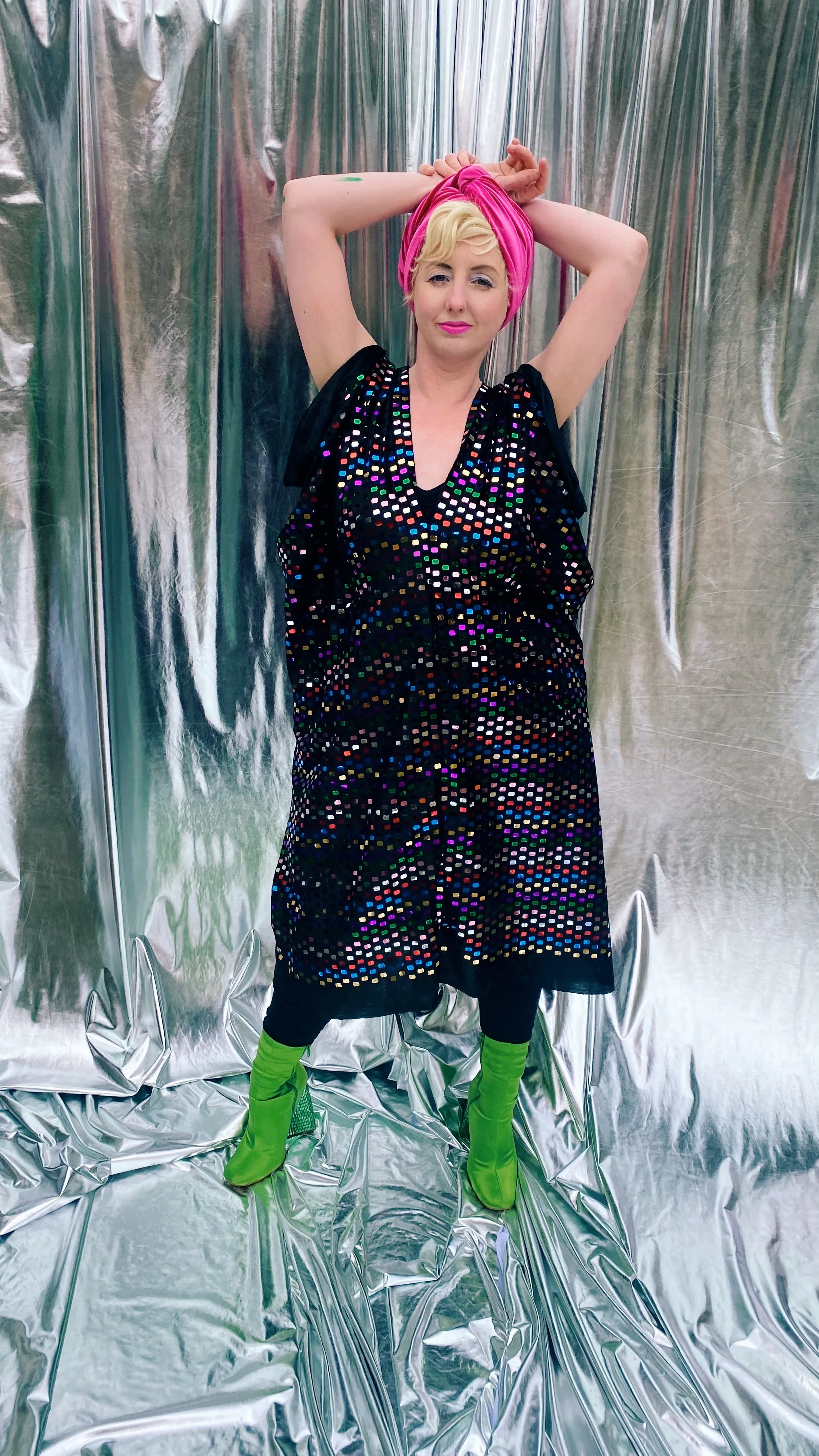 Black Sequin multicoloured mirror disc kaftan mini dress - Studio 54