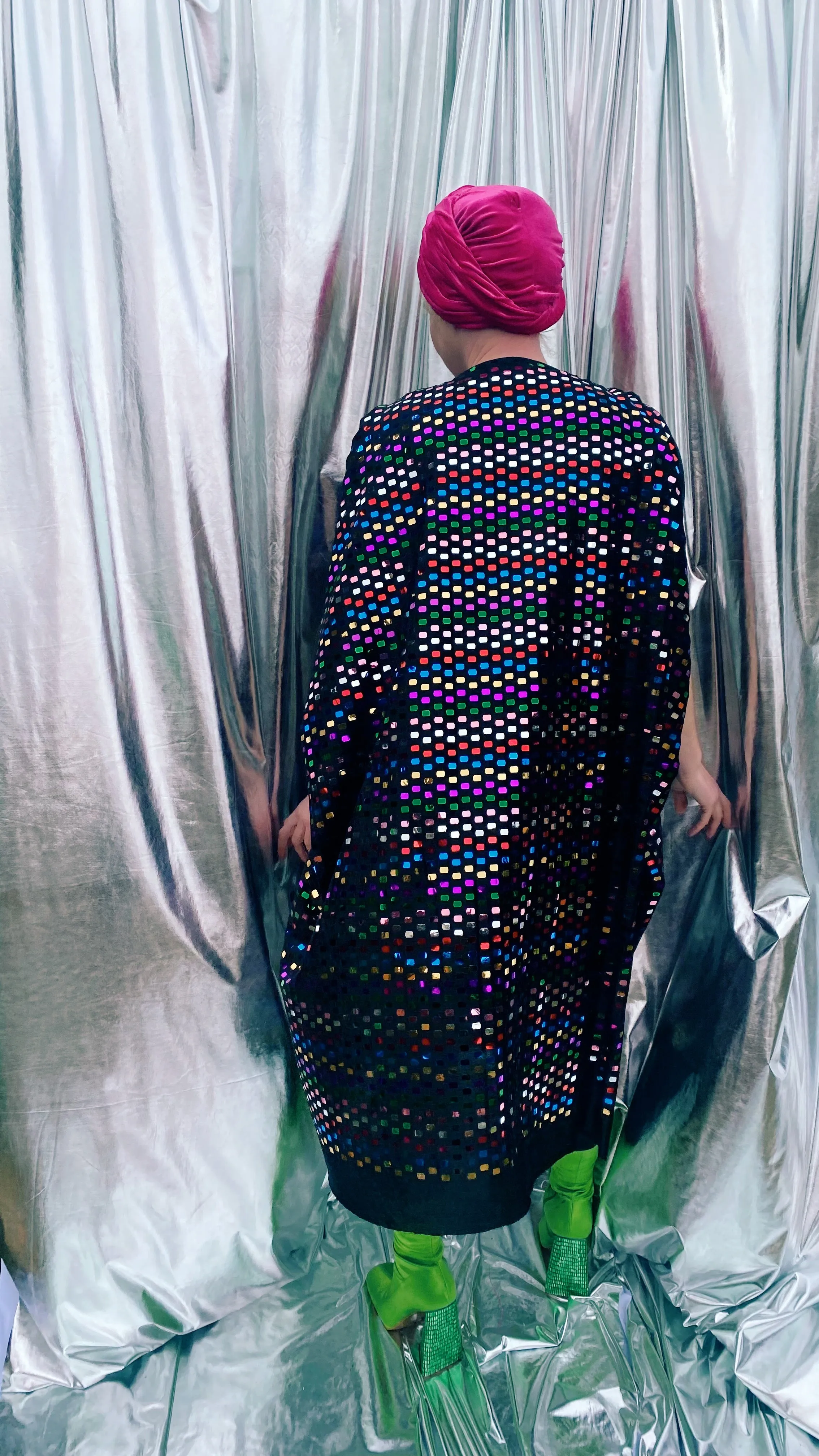 Black Sequin multicoloured mirror disc kaftan mini dress - Studio 54