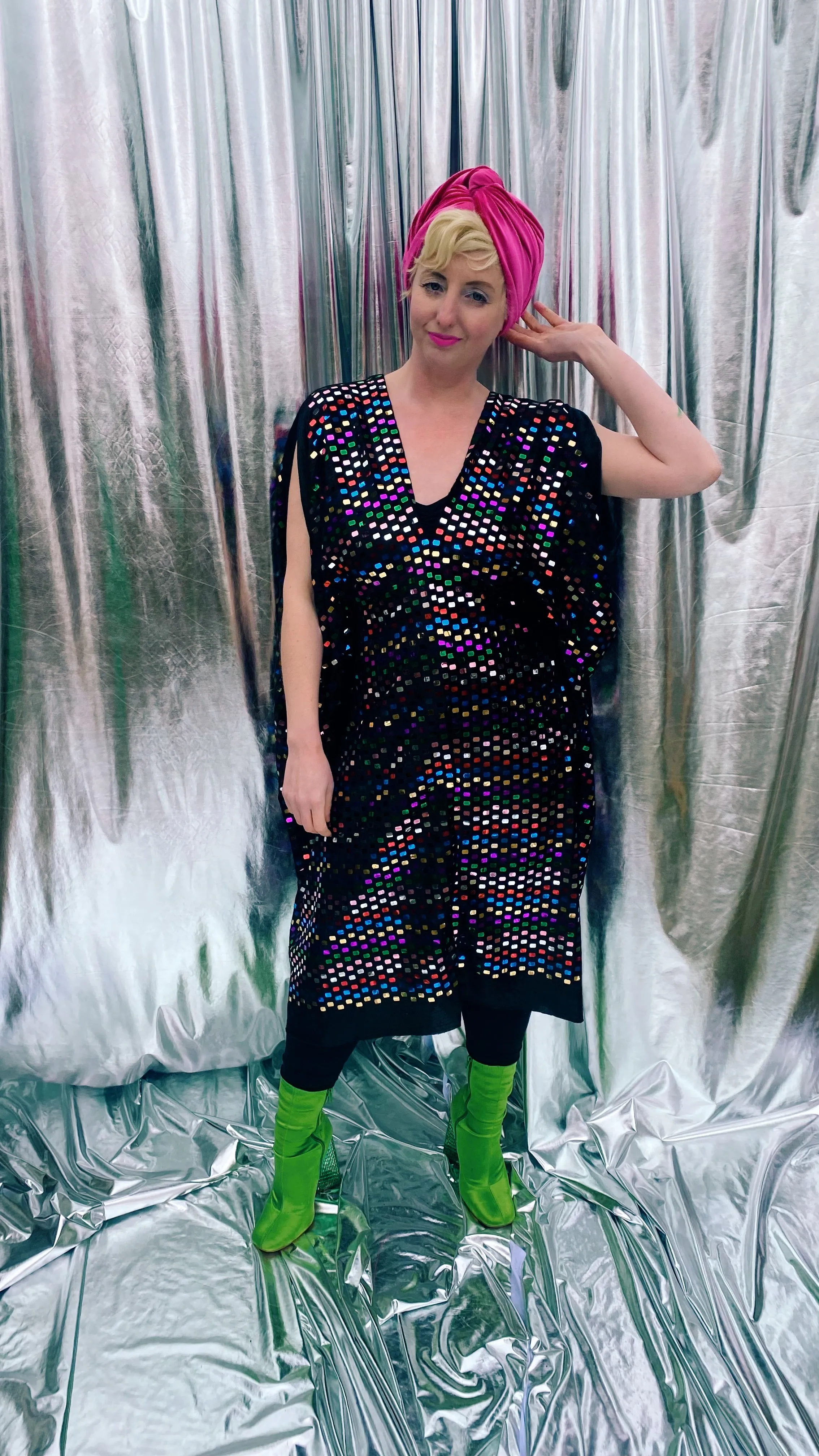 Black Sequin multicoloured mirror disc kaftan mini dress - Studio 54