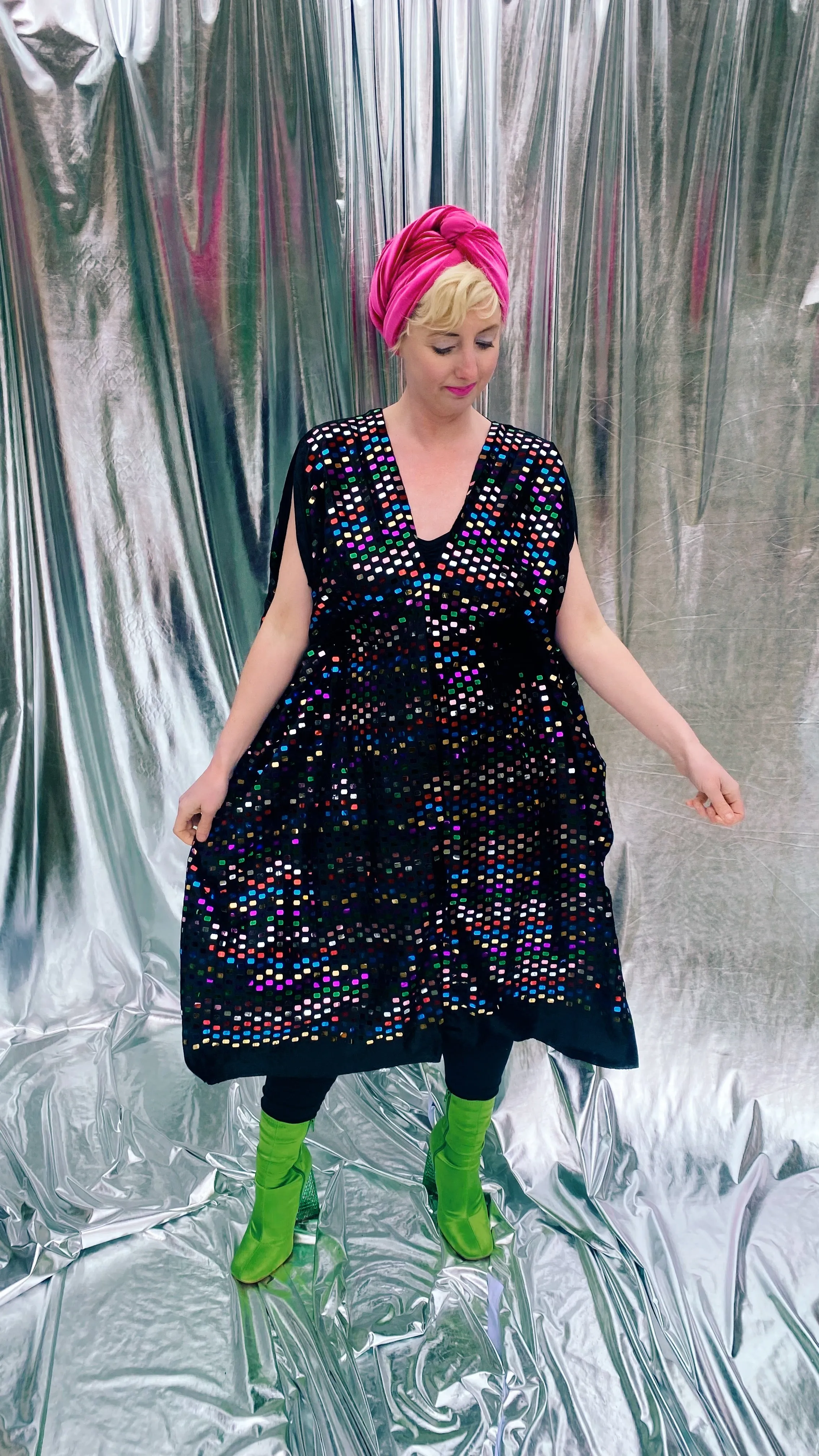 Black Sequin multicoloured mirror disc kaftan mini dress - Studio 54