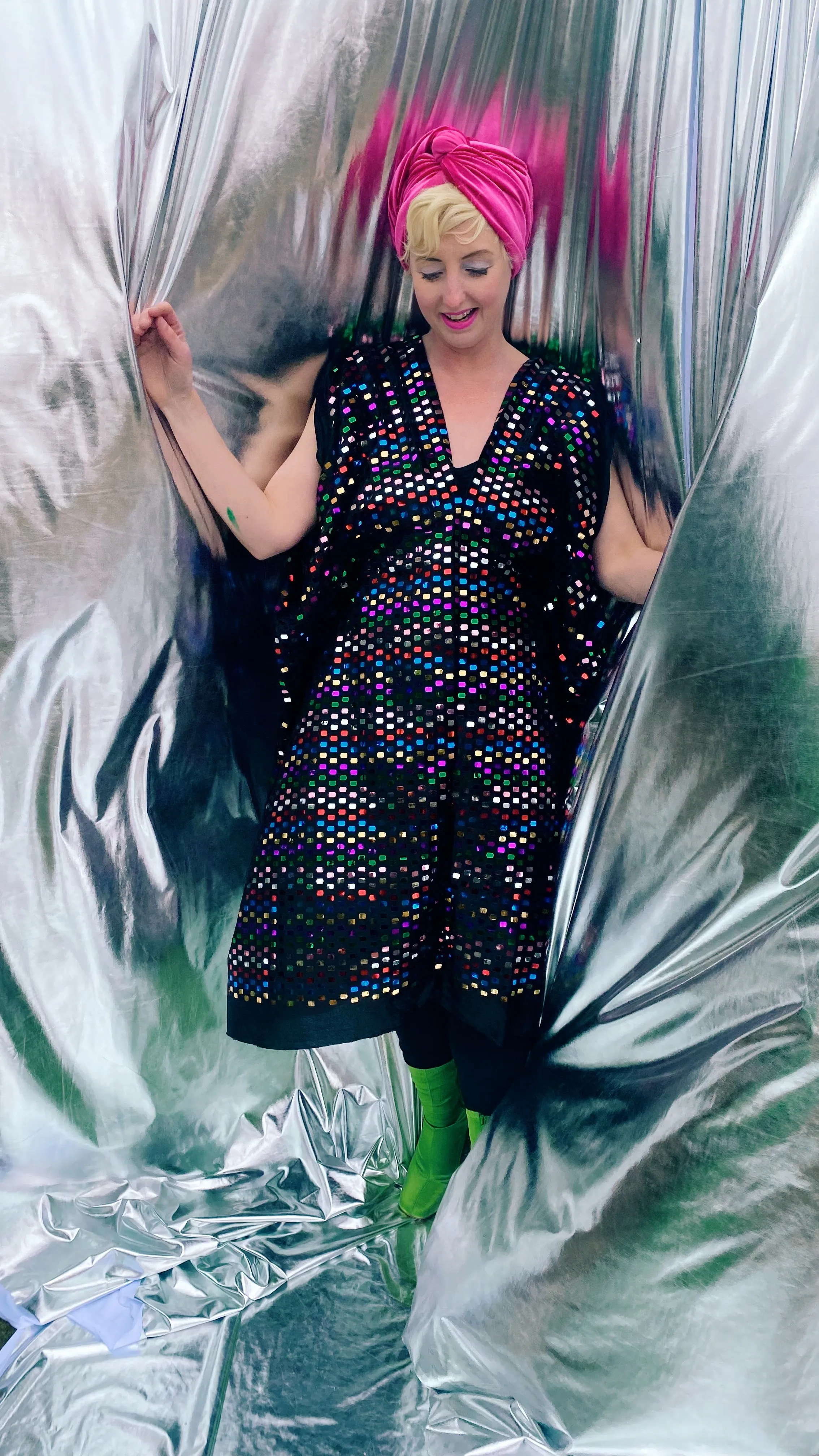 Black Sequin multicoloured mirror disc kaftan mini dress - Studio 54