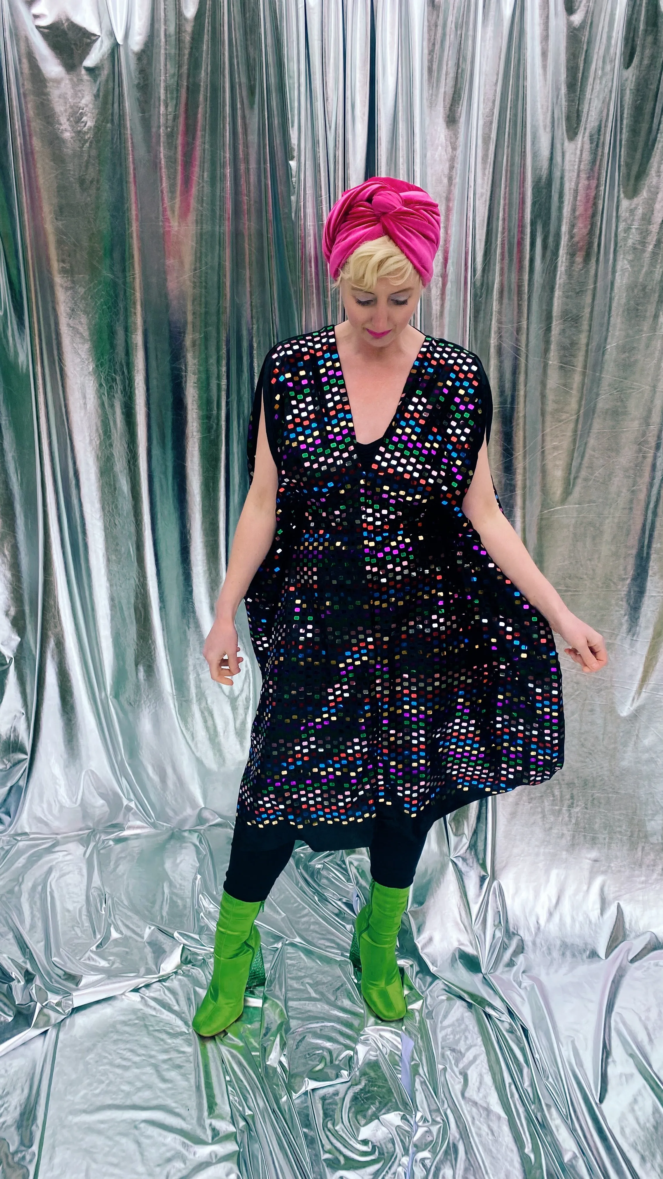 Black Sequin multicoloured mirror disc kaftan mini dress - Studio 54