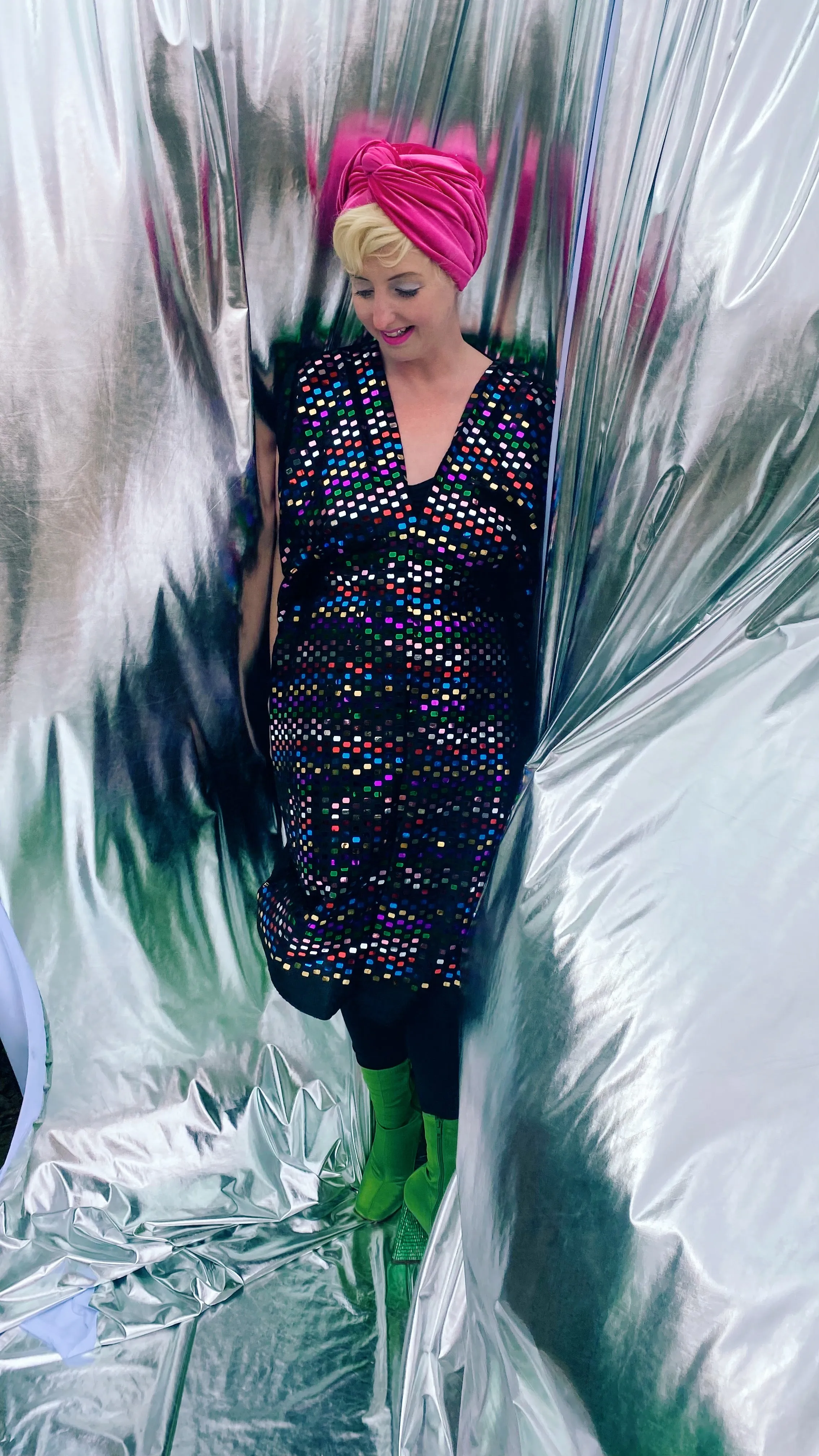 Black Sequin multicoloured mirror disc kaftan mini dress - Studio 54