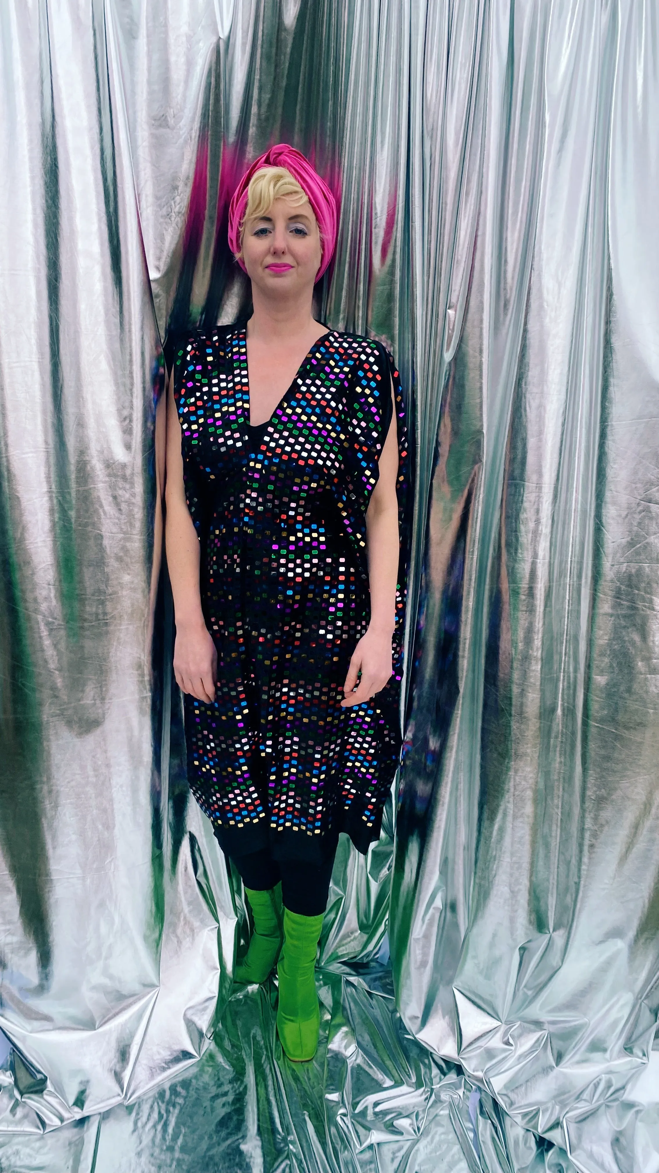 Black Sequin multicoloured mirror disc kaftan mini dress - Studio 54