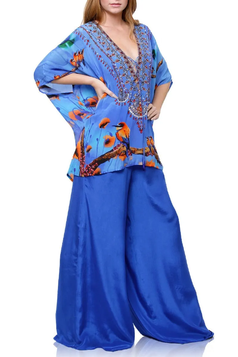 blue Caftan Tops floral print