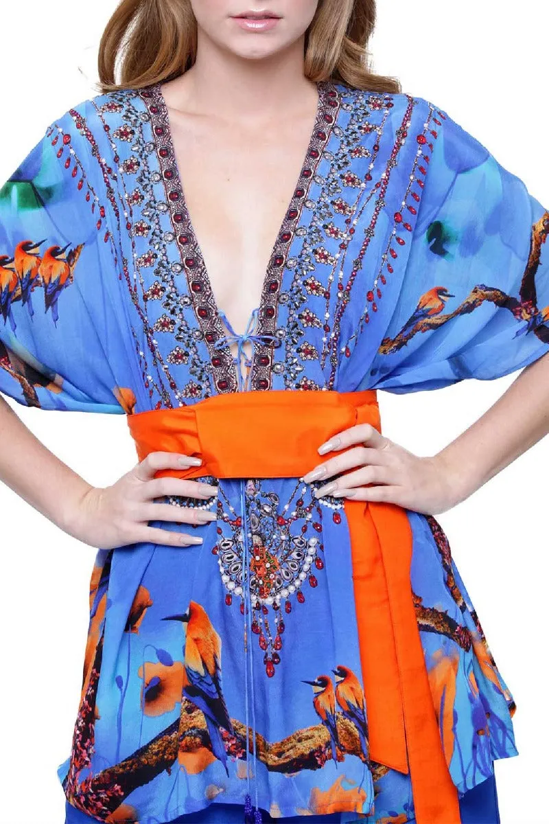 blue Caftan Tops floral print