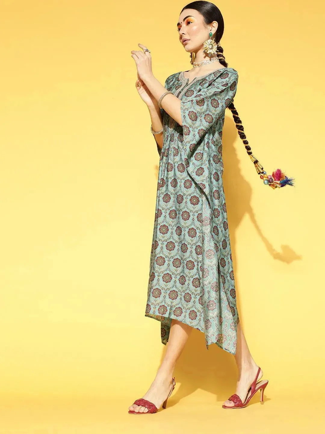 Blue Printed Silk Blend  Dress