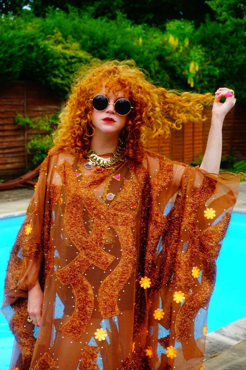 Brown Sheer Lurex 70s Sparkle Kaftan Gown