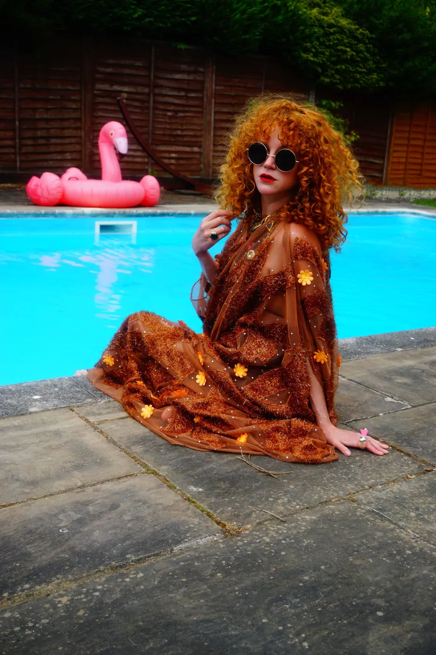 Brown Sheer Lurex 70s Sparkle Kaftan Gown