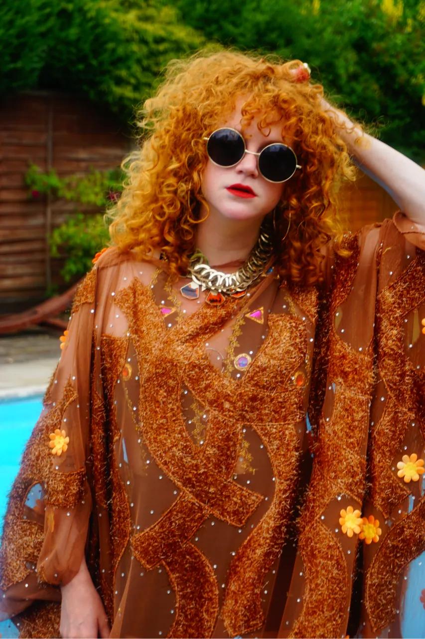 Brown Sheer Lurex 70s Sparkle Kaftan Gown