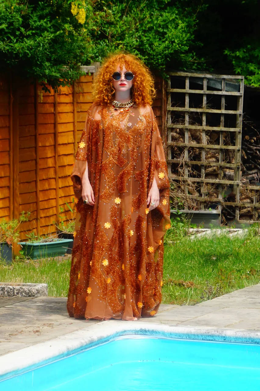 Brown Sheer Lurex 70s Sparkle Kaftan Gown