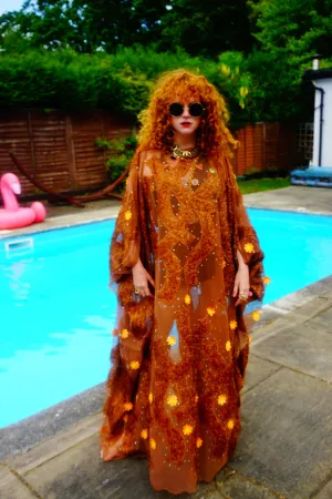 Brown Sheer Lurex 70s Sparkle Kaftan Gown