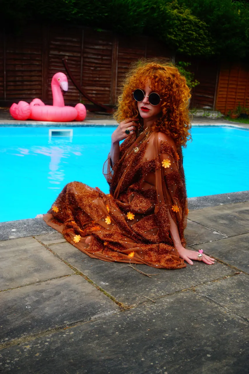 Brown Sheer Lurex 70s Sparkle Kaftan Gown