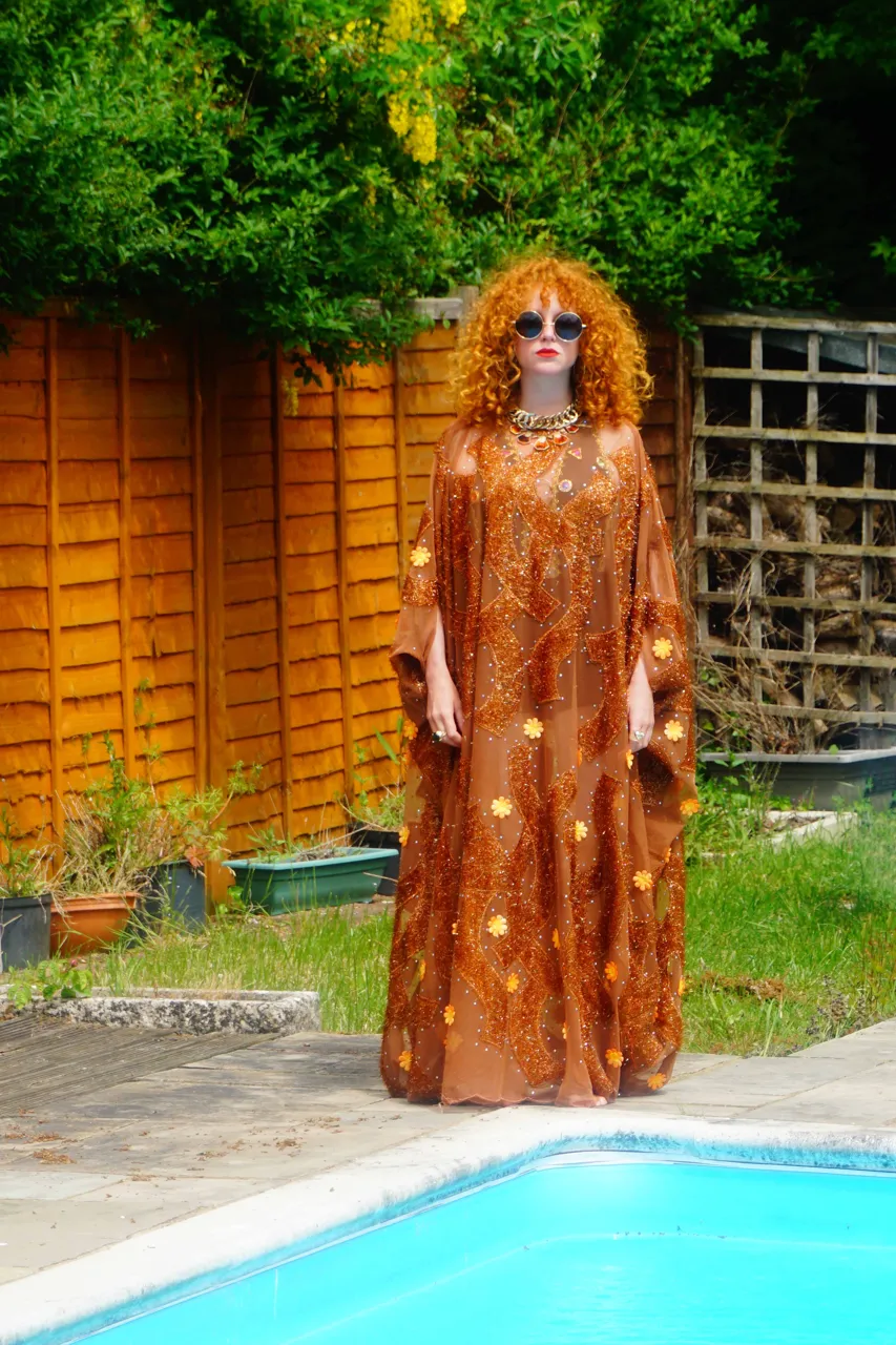 Brown Sheer Lurex 70s Sparkle Kaftan Gown
