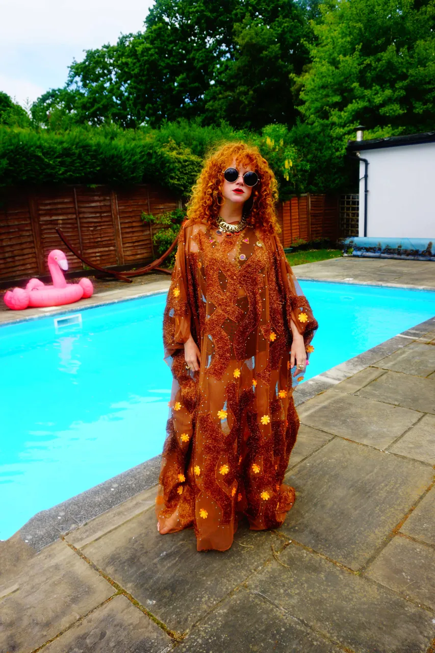 Brown Sheer Lurex 70s Sparkle Kaftan Gown