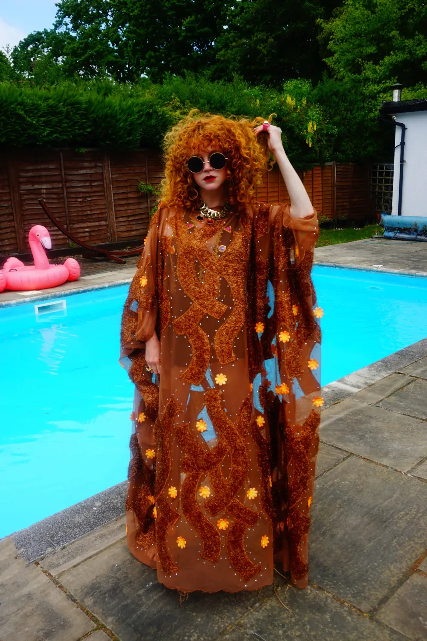 Brown Sheer Lurex 70s Sparkle Kaftan Gown