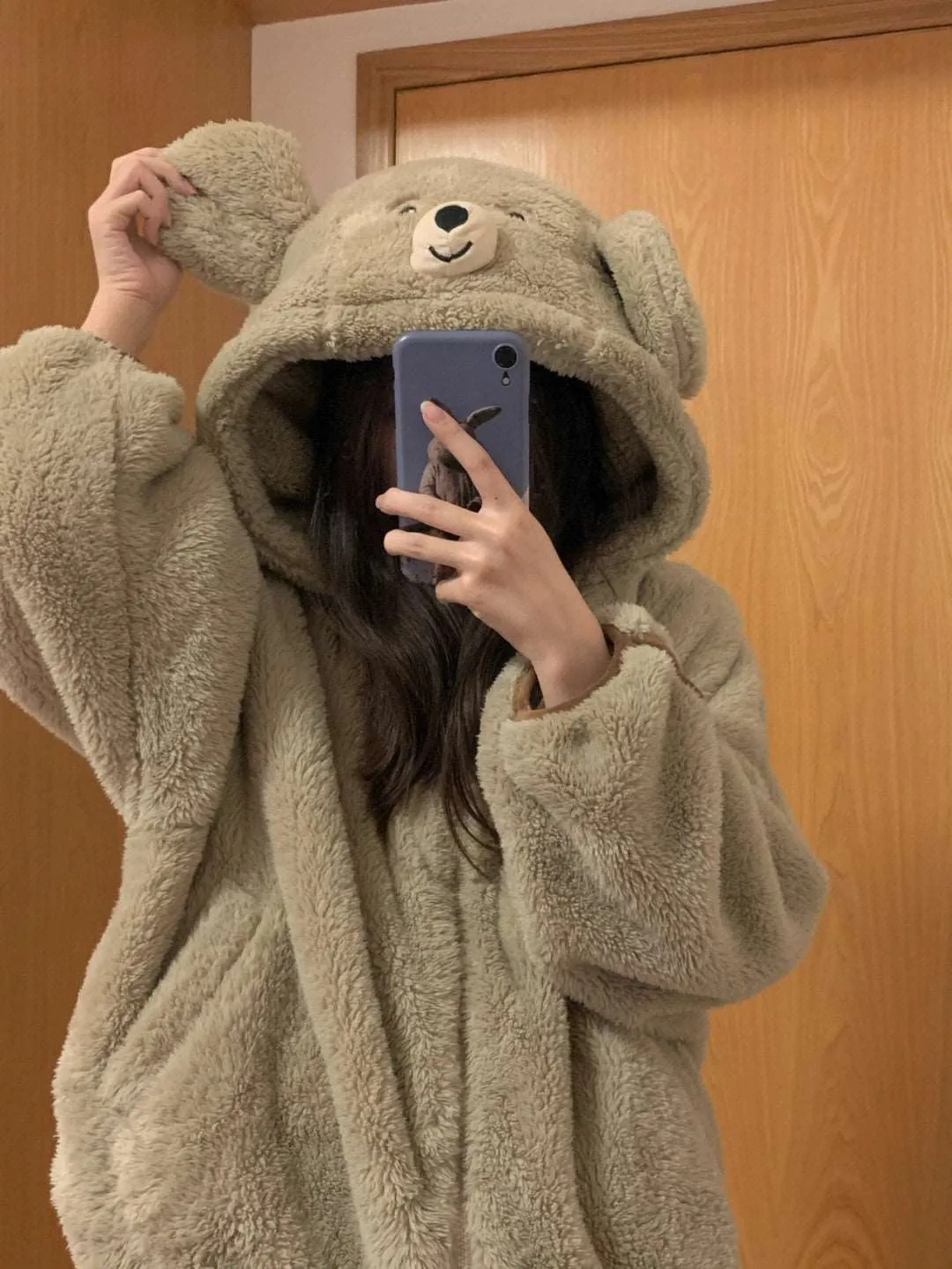 Brown Teddy Bear Plush Coral Fleece Winter Pajamas Hooded & Pants Two Piece