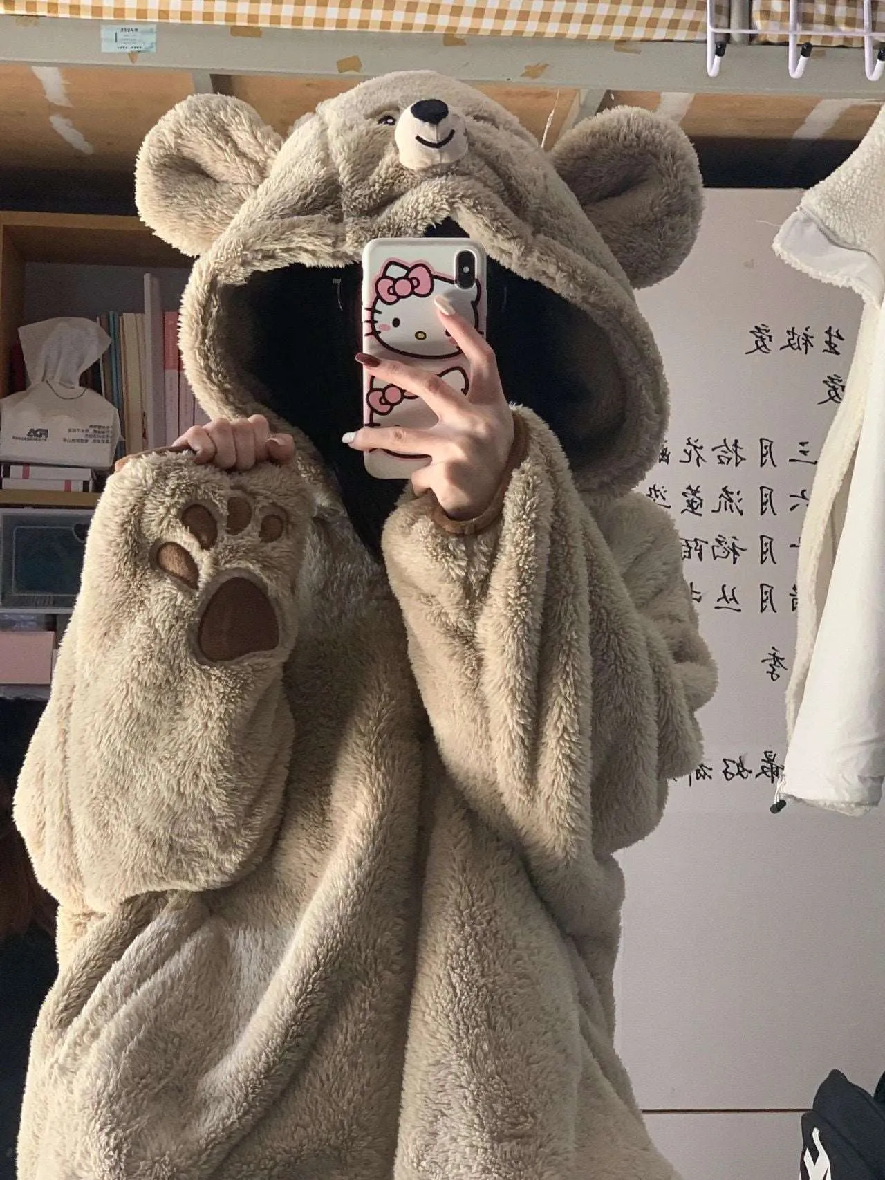 Brown Teddy Bear Plush Coral Fleece Winter Pajamas Hooded & Pants Two Piece