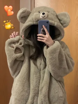 Brown Teddy Bear Plush Coral Fleece Winter Pajamas Hooded & Pants Two Piece