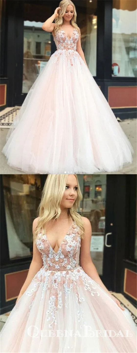 Charming Blush Pink Plus Size V Neck Tulle  Ball Gown Prom Dresses, QB0592